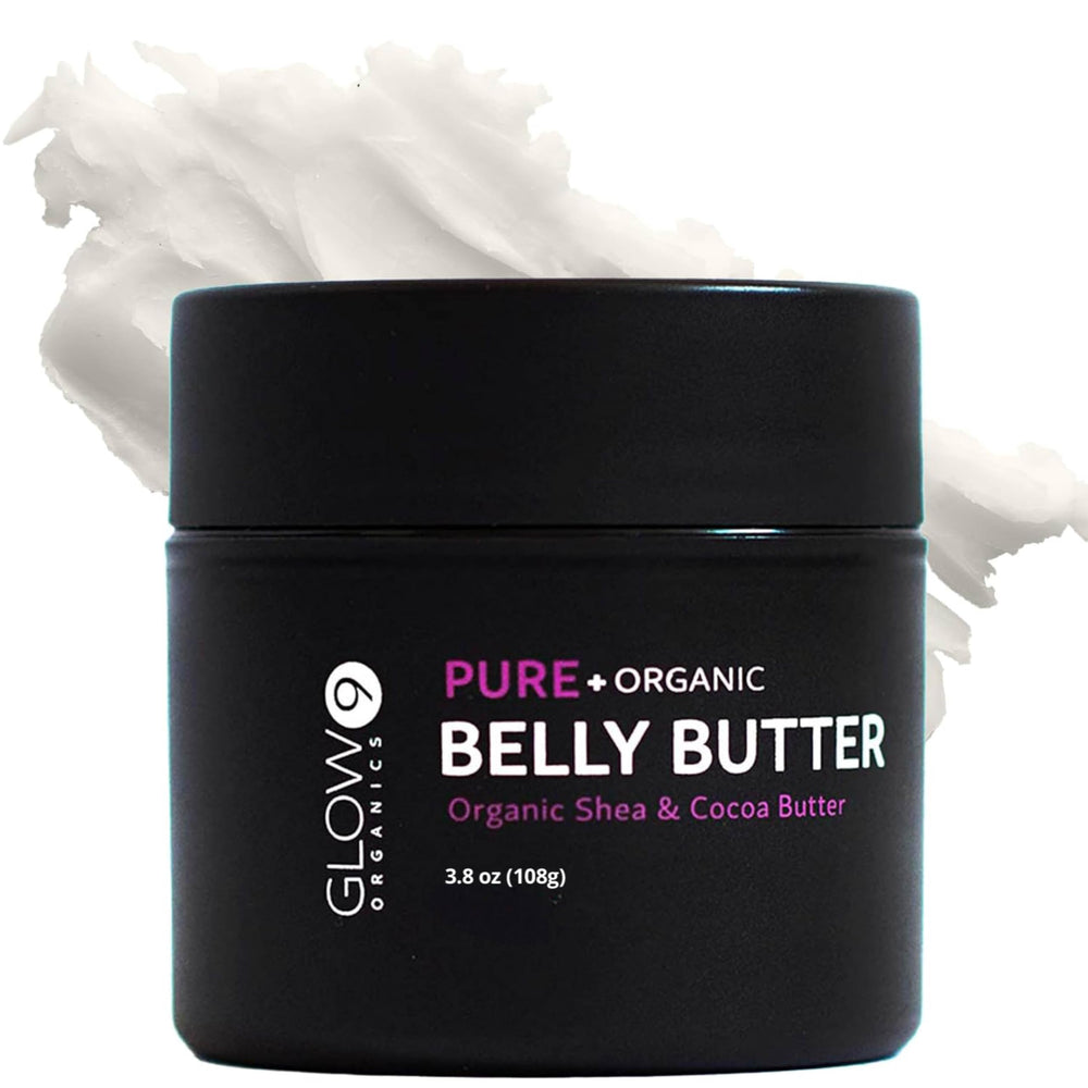 Glow Organics Belly Butter bottle with pump for easy pregnancy hydration