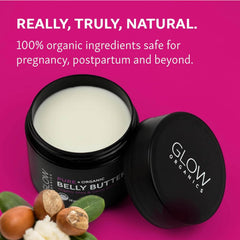 Glow Organics Belly Butter texture close-up showing whipped, soothing formula for stretching skin