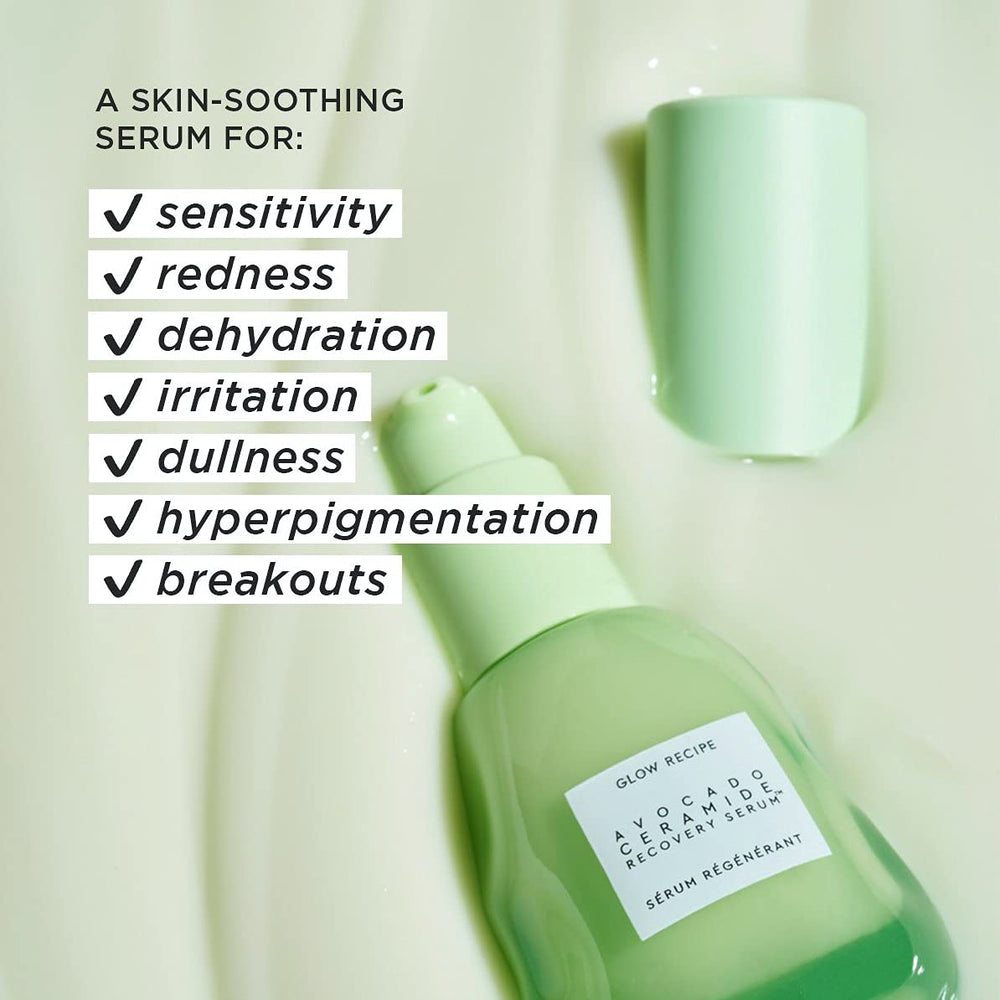 Glow Recipe Avocado Ceramide Serum application on cheek demonstrates quick absorption