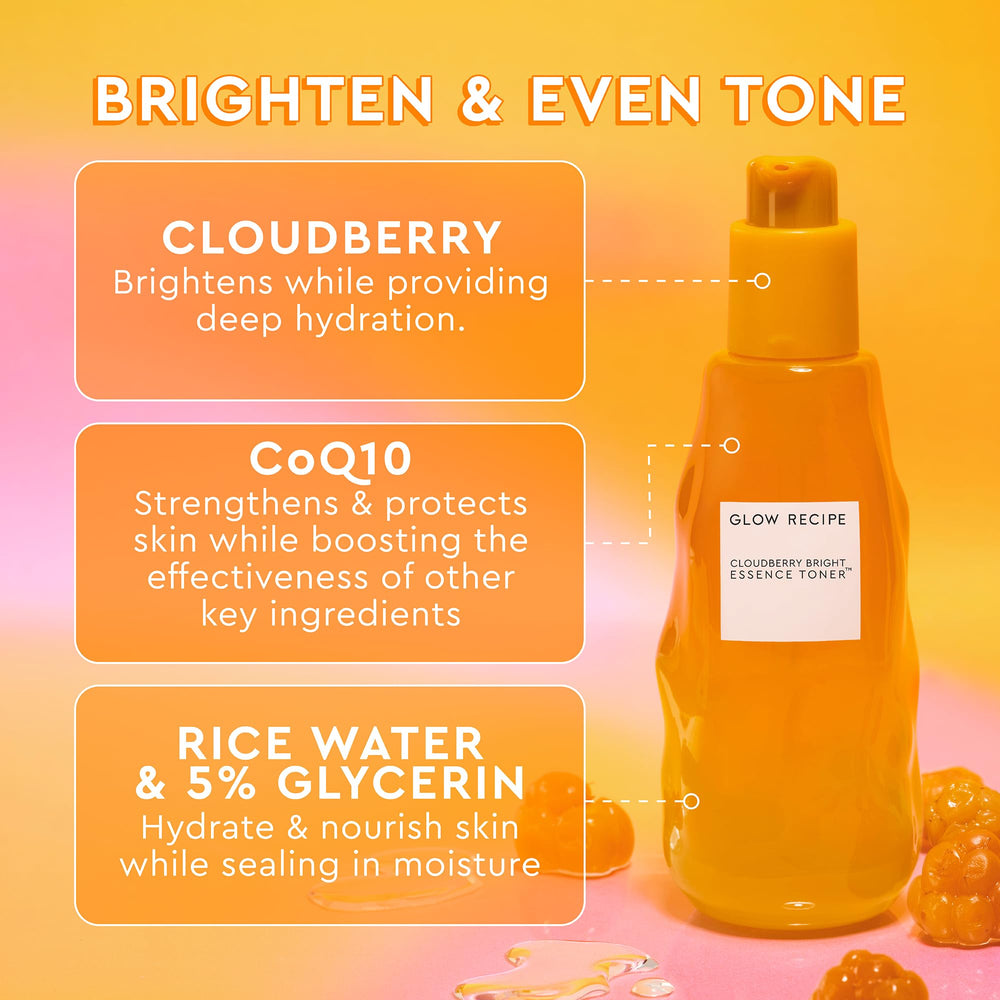 Glow Recipe Cloudberry Brightening Toner essence bottle close-up shows lightweight hydration