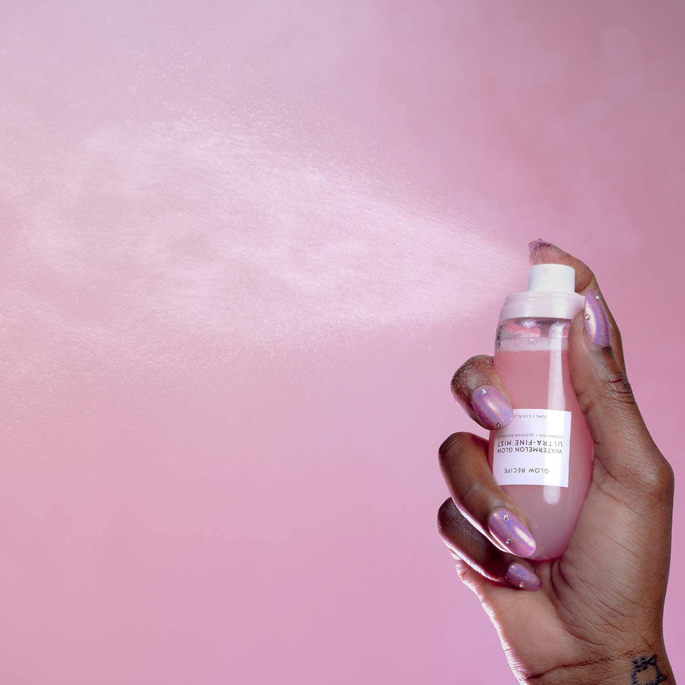 Glow Recipe Watermelon Glow Facial Spray used as makeup prep for a radiant base.