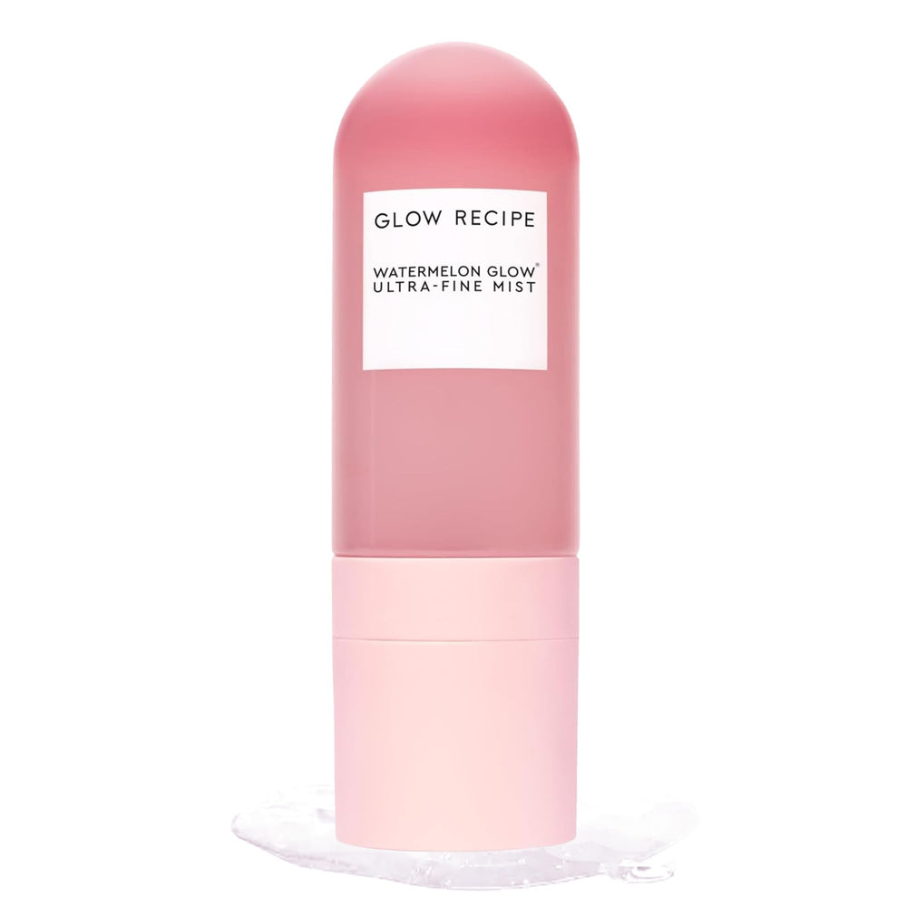 Glow Recipe Watermelon Glow Facial Spray bottle shows ultra-fine mist for instant hydration.