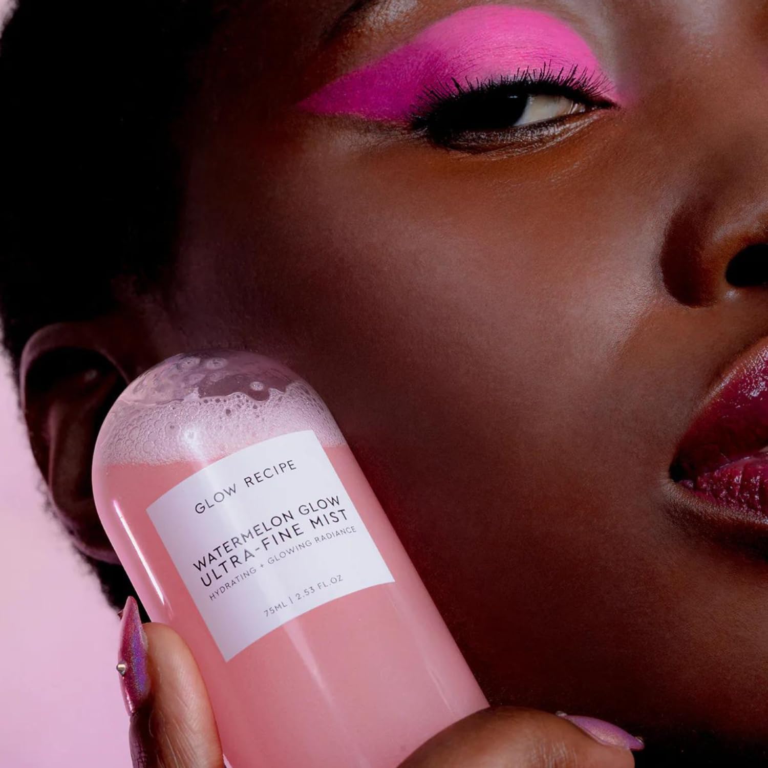 Glow Recipe Watermelon Glow Facial Spray highlights hibiscus AHAs for smoother texture.
