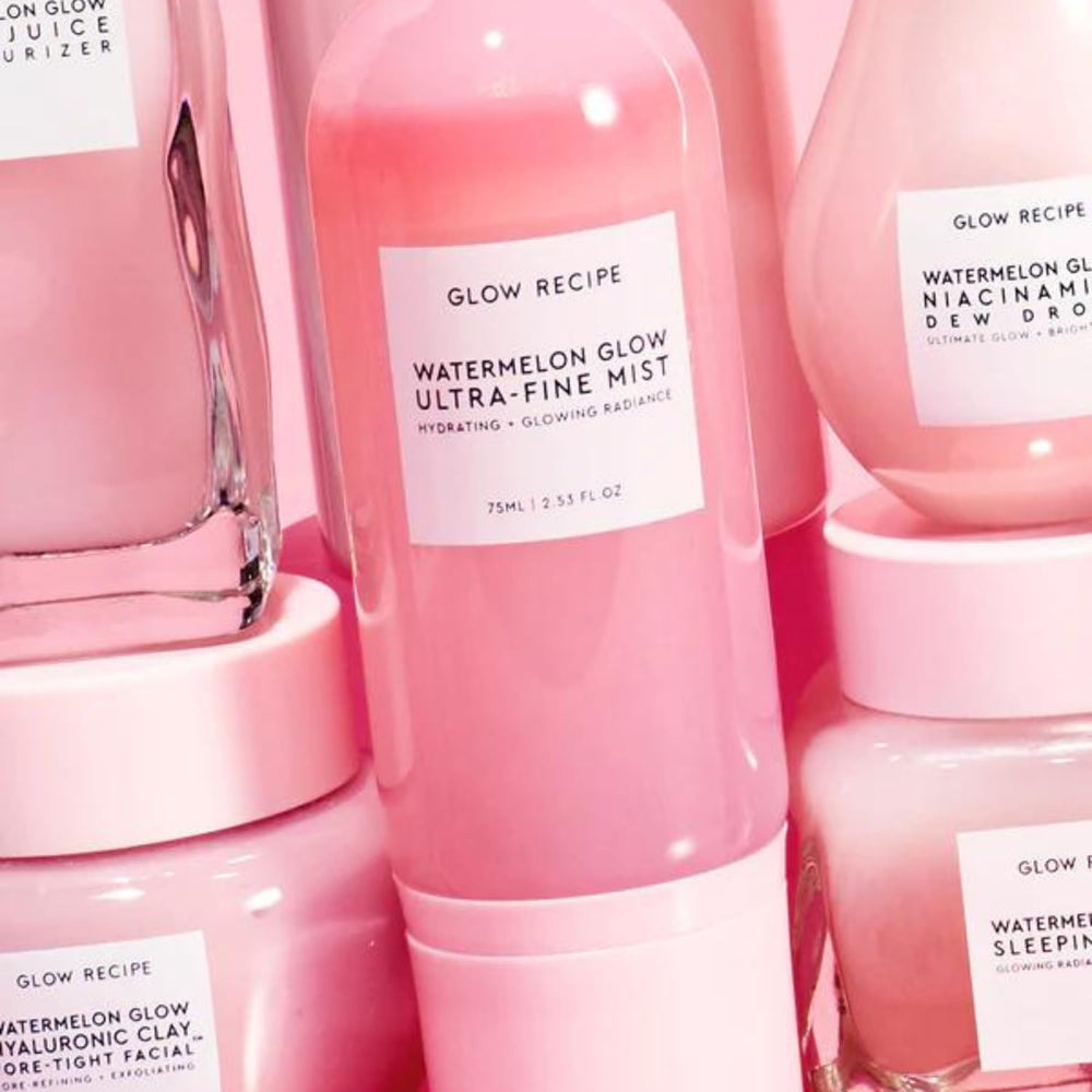 Packaging of Glow Recipe Watermelon Glow Facial Spray emphasizes vegan, cruelty-free values.