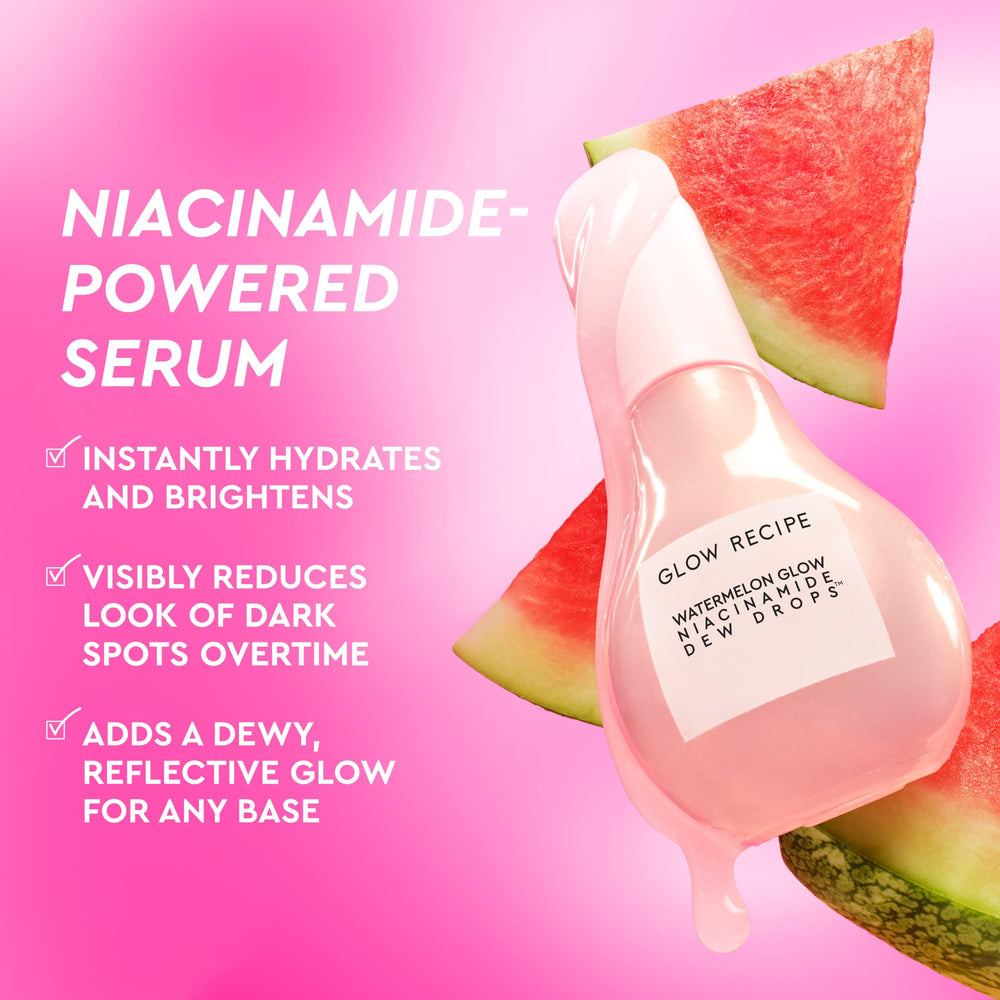 Glow Recipe Watermelon Niacinamide Dew Drops applied as liquid highlighter on cheekbones