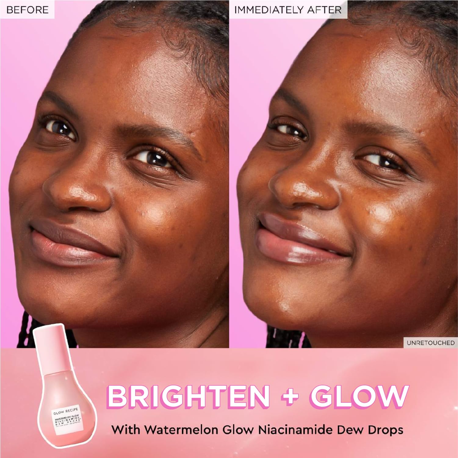 Glow Recipe Watermelon Niacinamide Dew Drops on the cheek as a dewy highlight