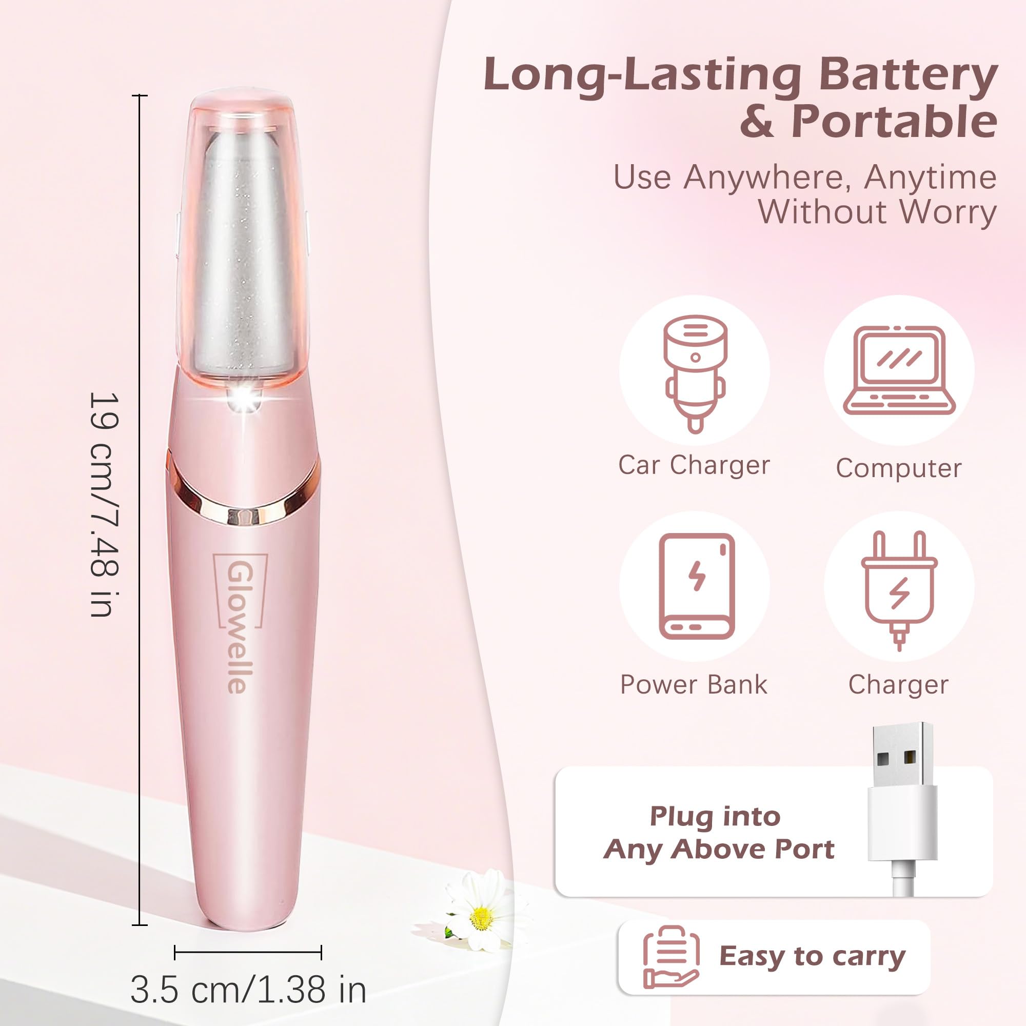 Glowelle portable design and washable heads support hygienic, convenient use.