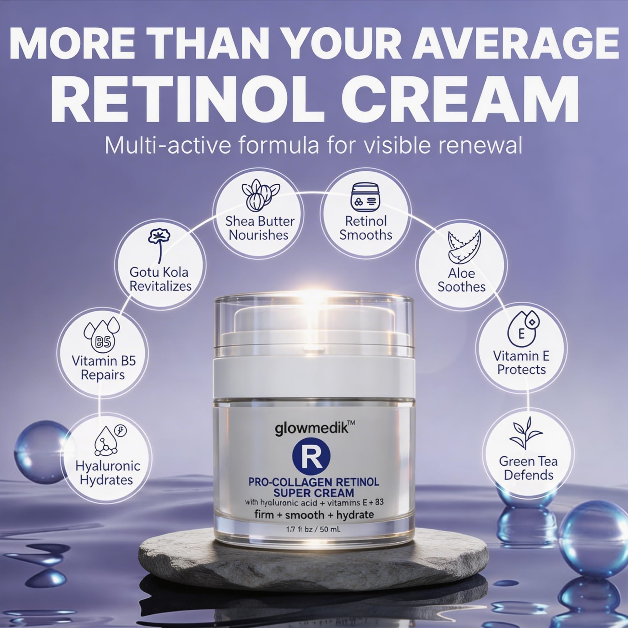 Glowmedik cream texture close-up highlighting smooth, lightweight moisturizer.