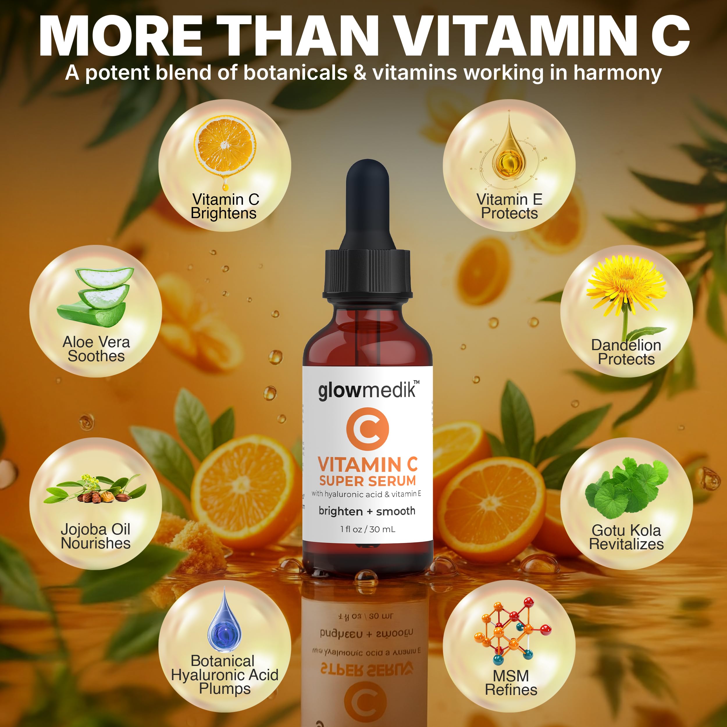 GlowMedik serum bottle label highlighting antioxidant blend on the packaging.