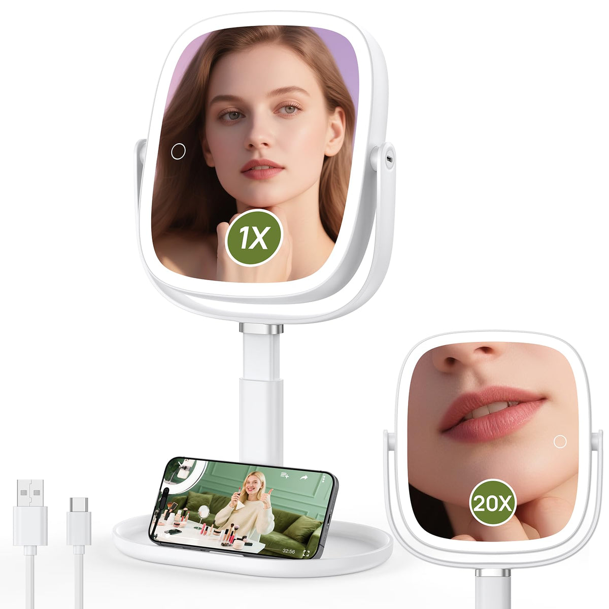 Glowtop mirror with 1x and 20x magnification and built-in light for precise makeup.