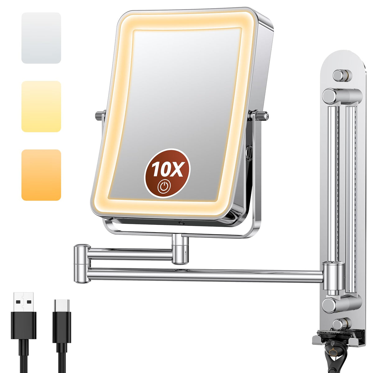 Glowtop rectangular mirror with dual hooks for organized vanity storage