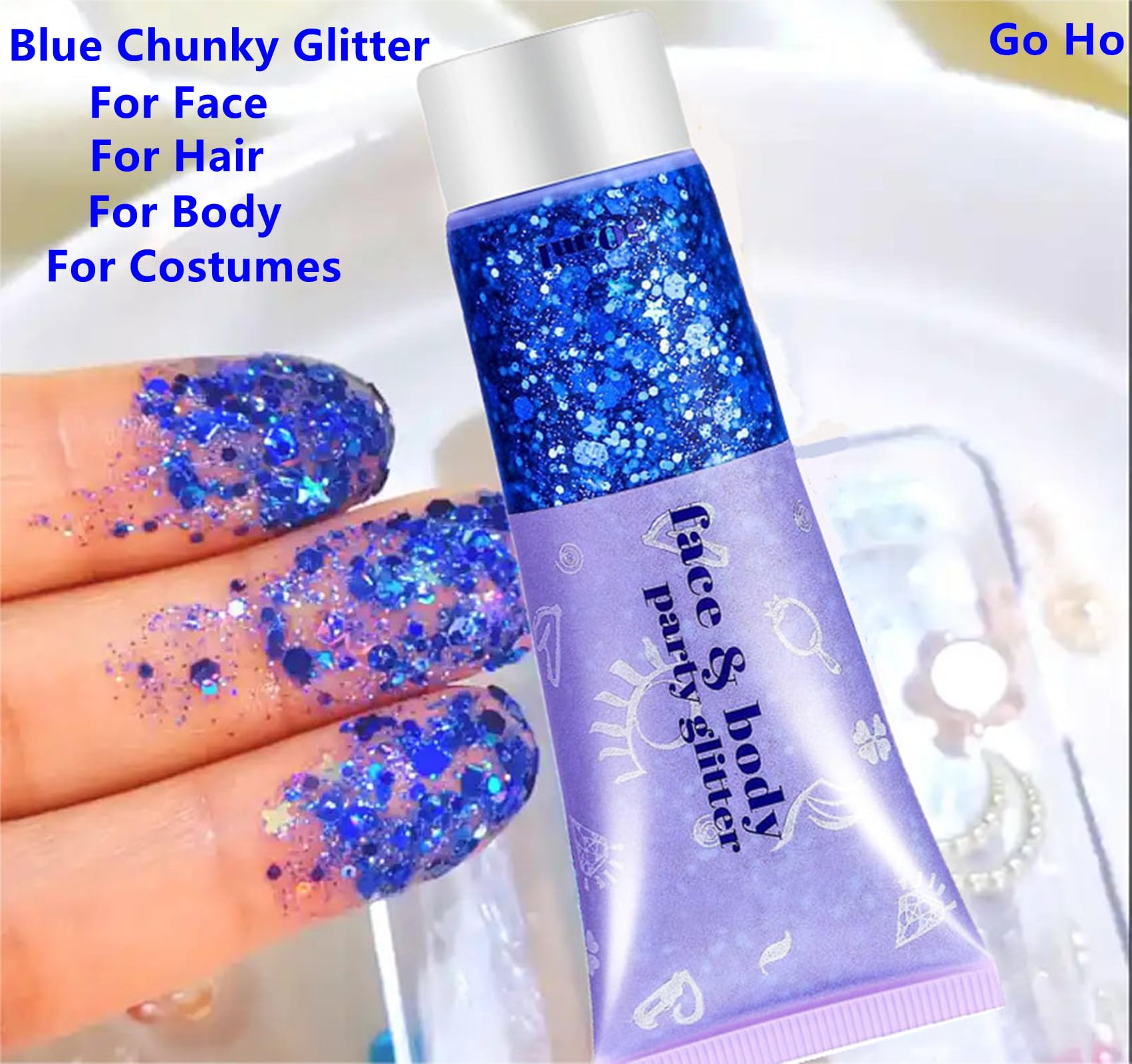 Go Ho Glitter used on eyes, lips, and nails for versatile shine.
