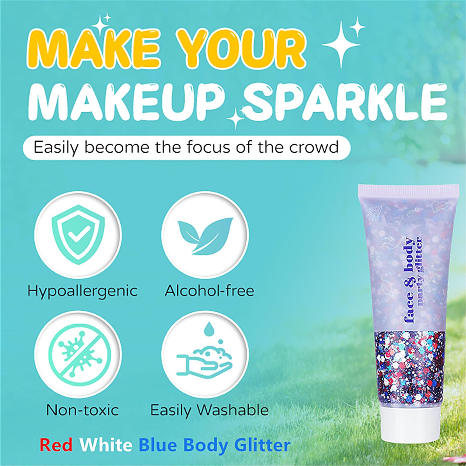 Go Ho face body glitter application shows up vividly on skin and clothing