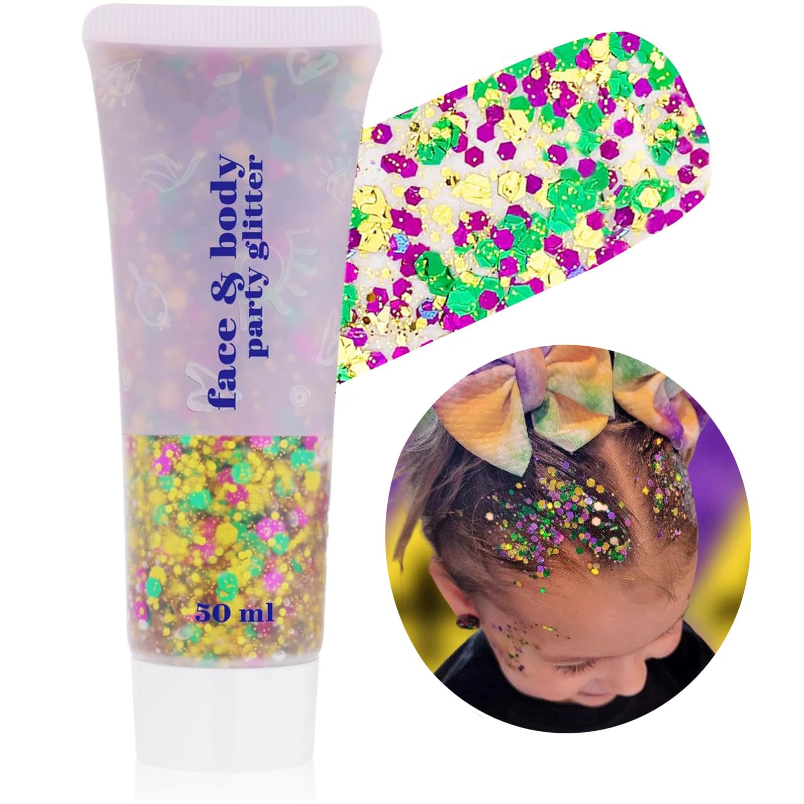 Go Ho Face Body Glitter Gel in Mardi Gras colors for bold festival sparkle.