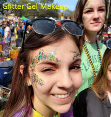 Go Ho face glitter gel applied for festival-ready shine and color.