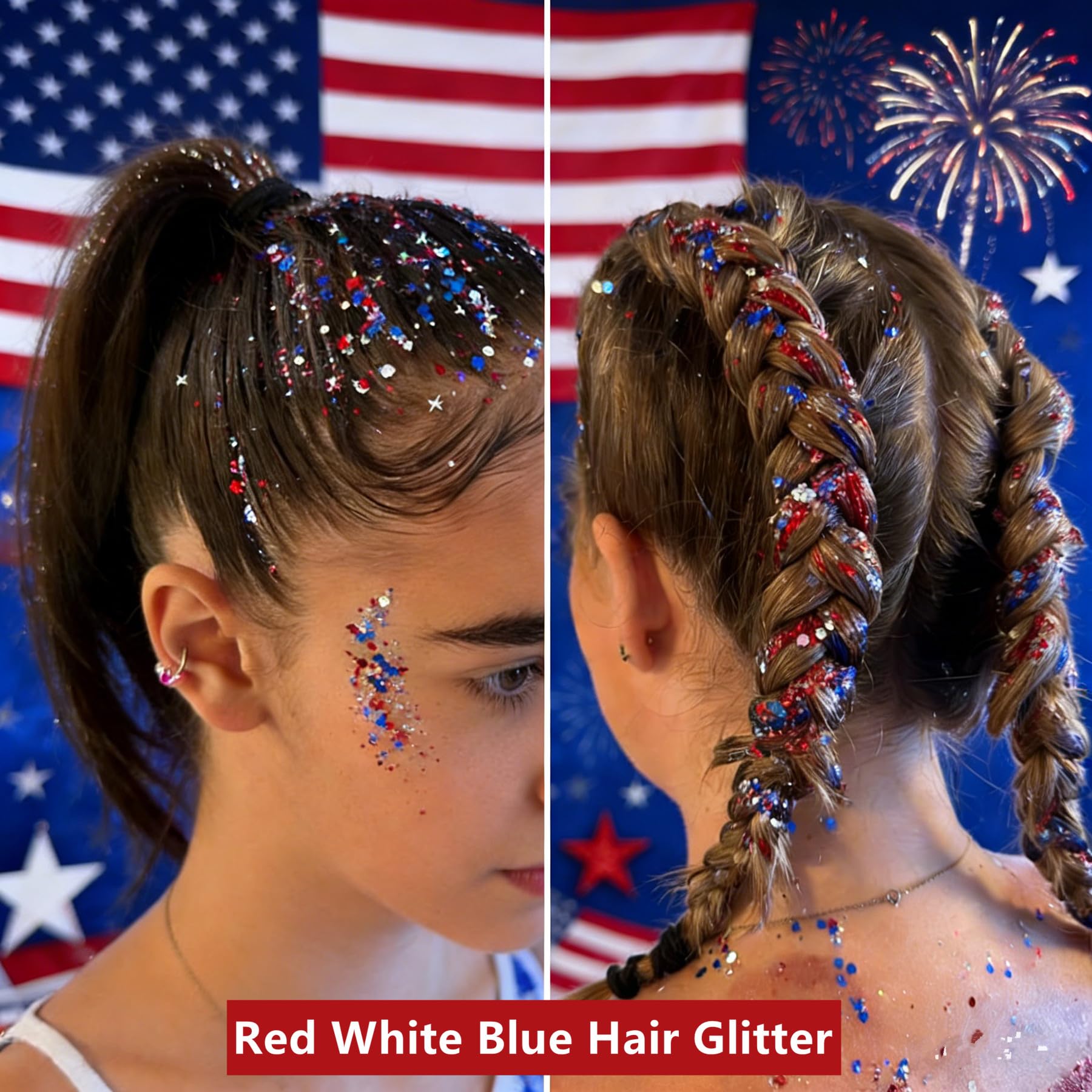 Go Ho fourth July outfit glitter enhances costumes with red, white, and blue shimmer