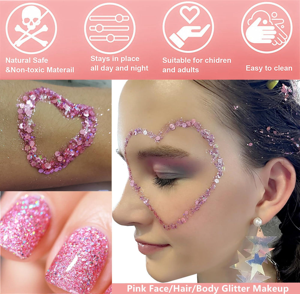 Go Ho glitter on lips creates playful color and a reflective finish.