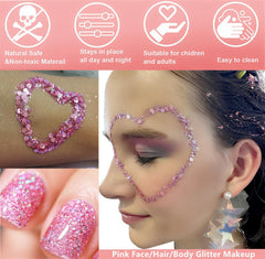 Go Ho glitter on lips creates playful color and a reflective finish.