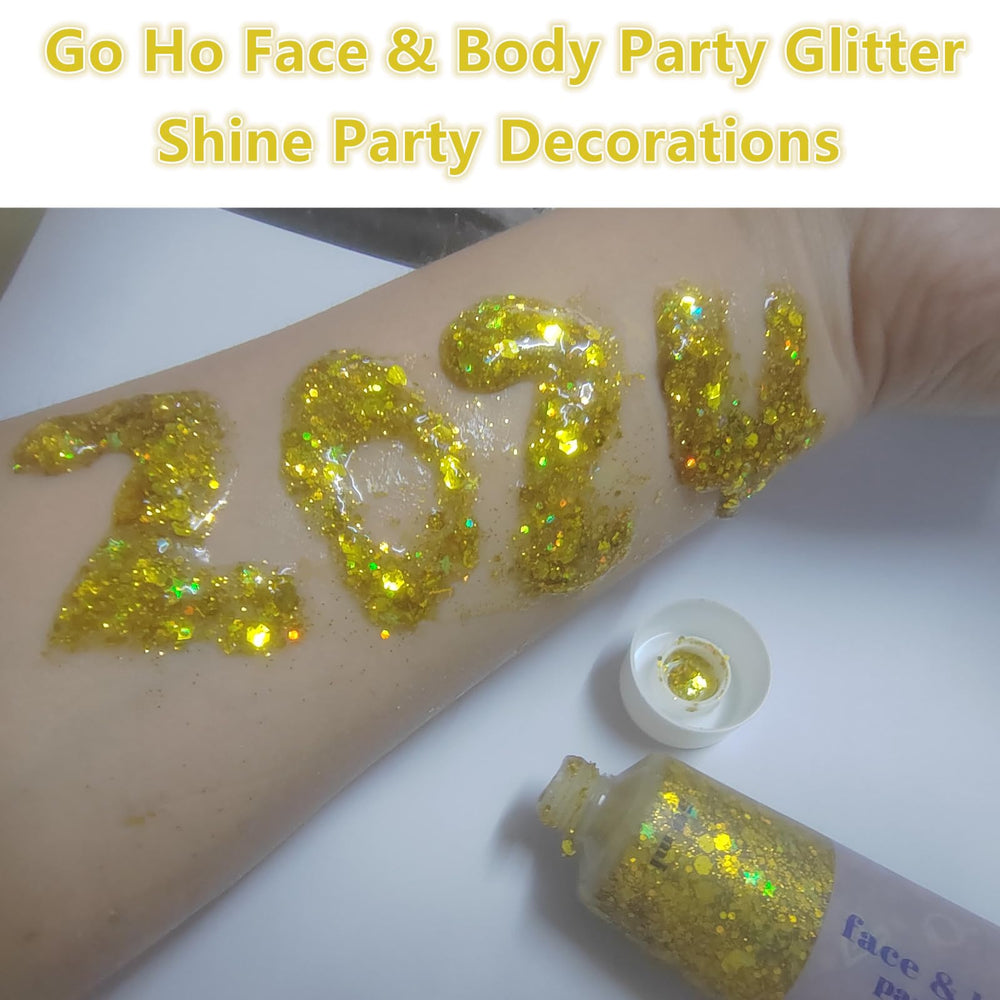 Go Ho Gold body glitter sparkles with sun-kissed glow for outdoor events.