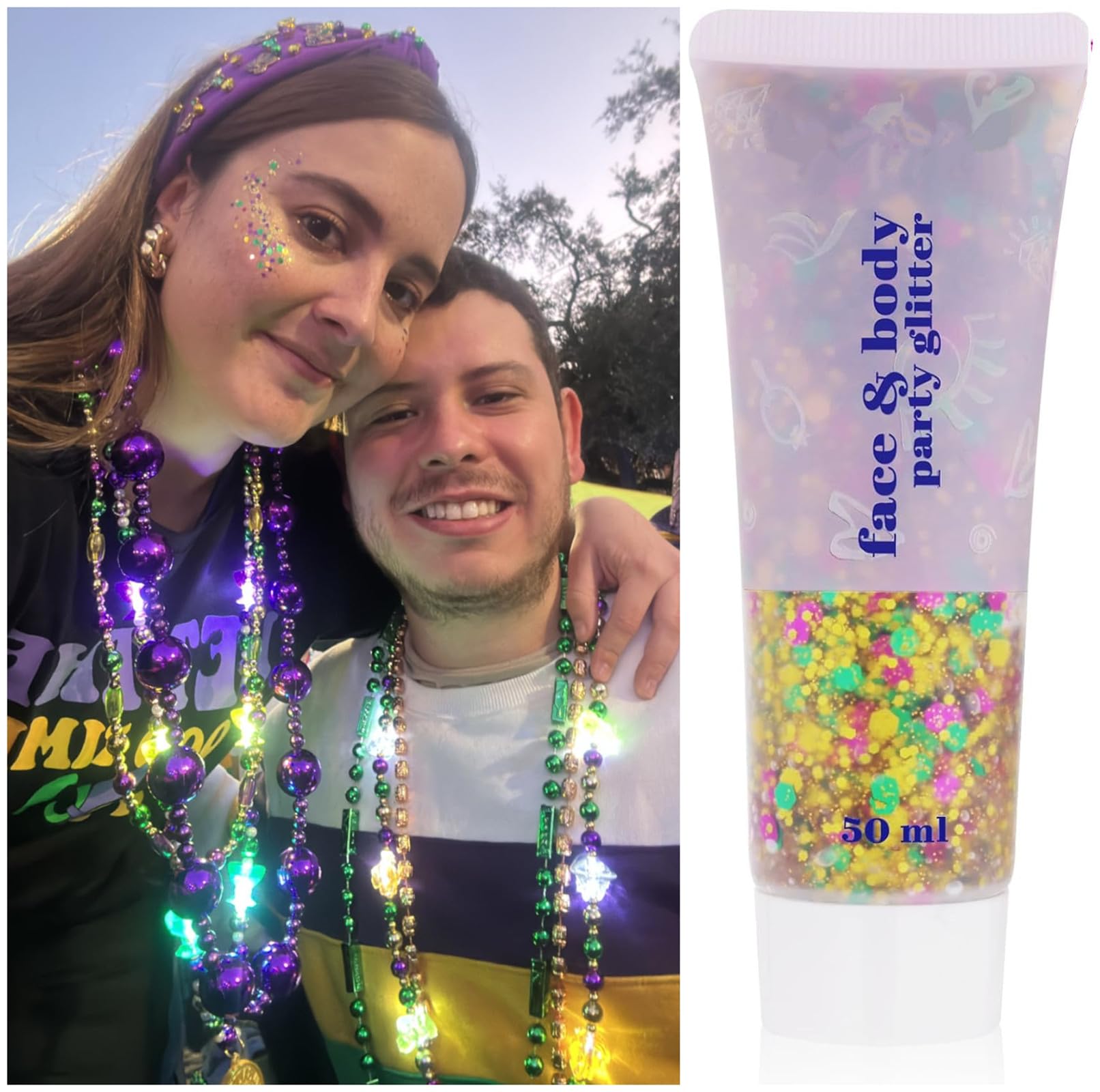 Go Ho glitter gel suits makeup, hair, nails, and costumes for celebrations.