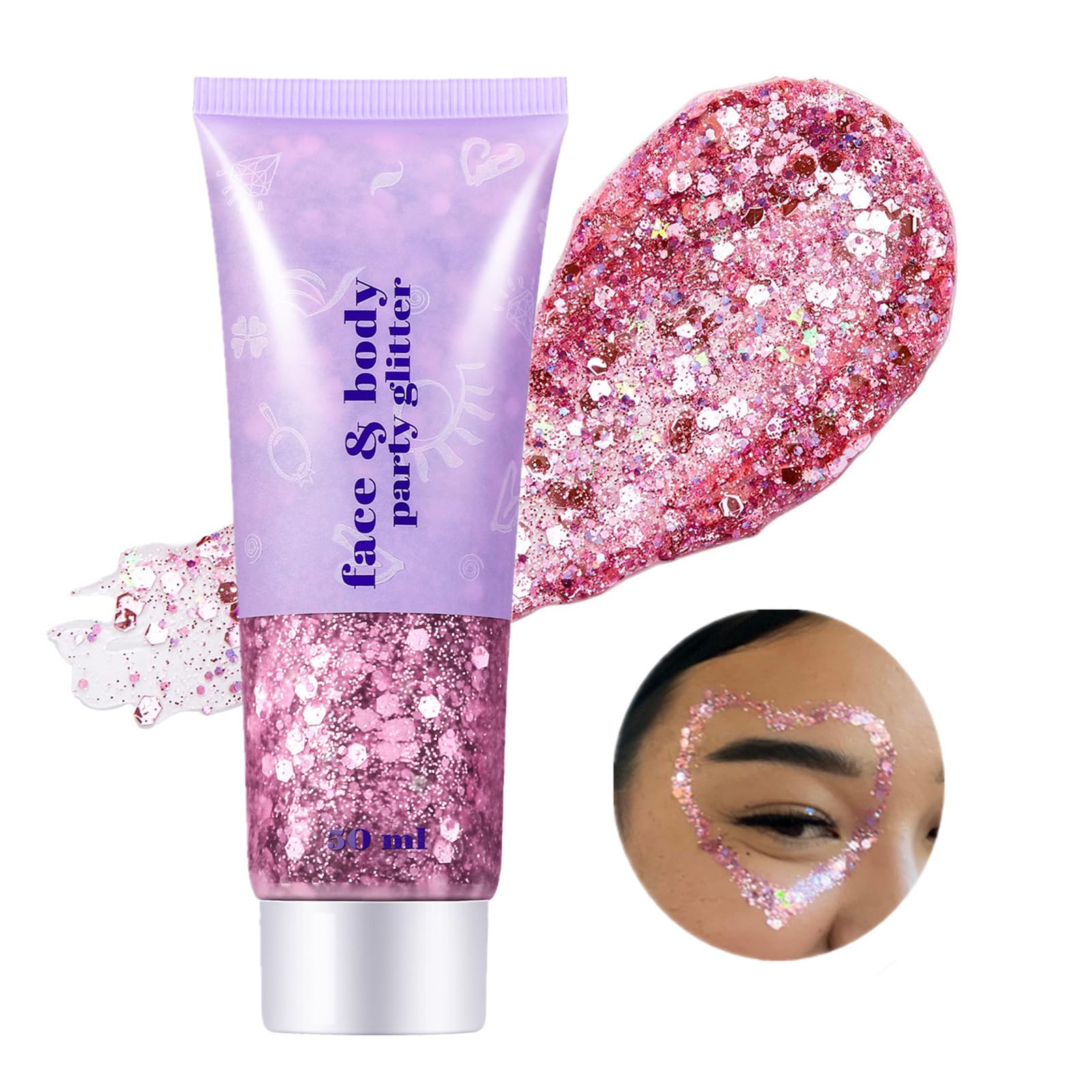 Go Ho pink face glitter gel on skin creates vibrant holographic shine for festival looks.