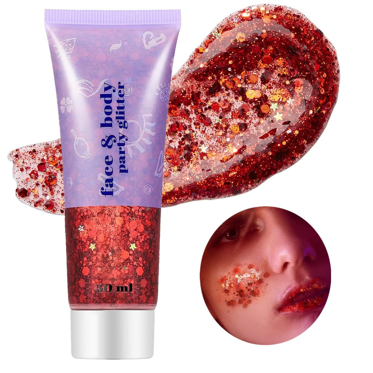 Go Ho red face glitter bottle close-up showing holographic sparkle for festival looks.