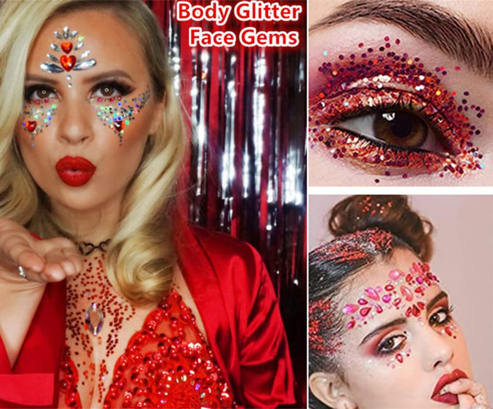 Go Ho red face glitter on lips adds bold, reflective accent.