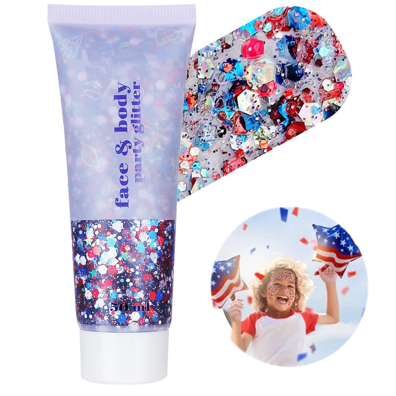 Go Ho red white blue face glitter gel for a bold 4th of July look that lasts