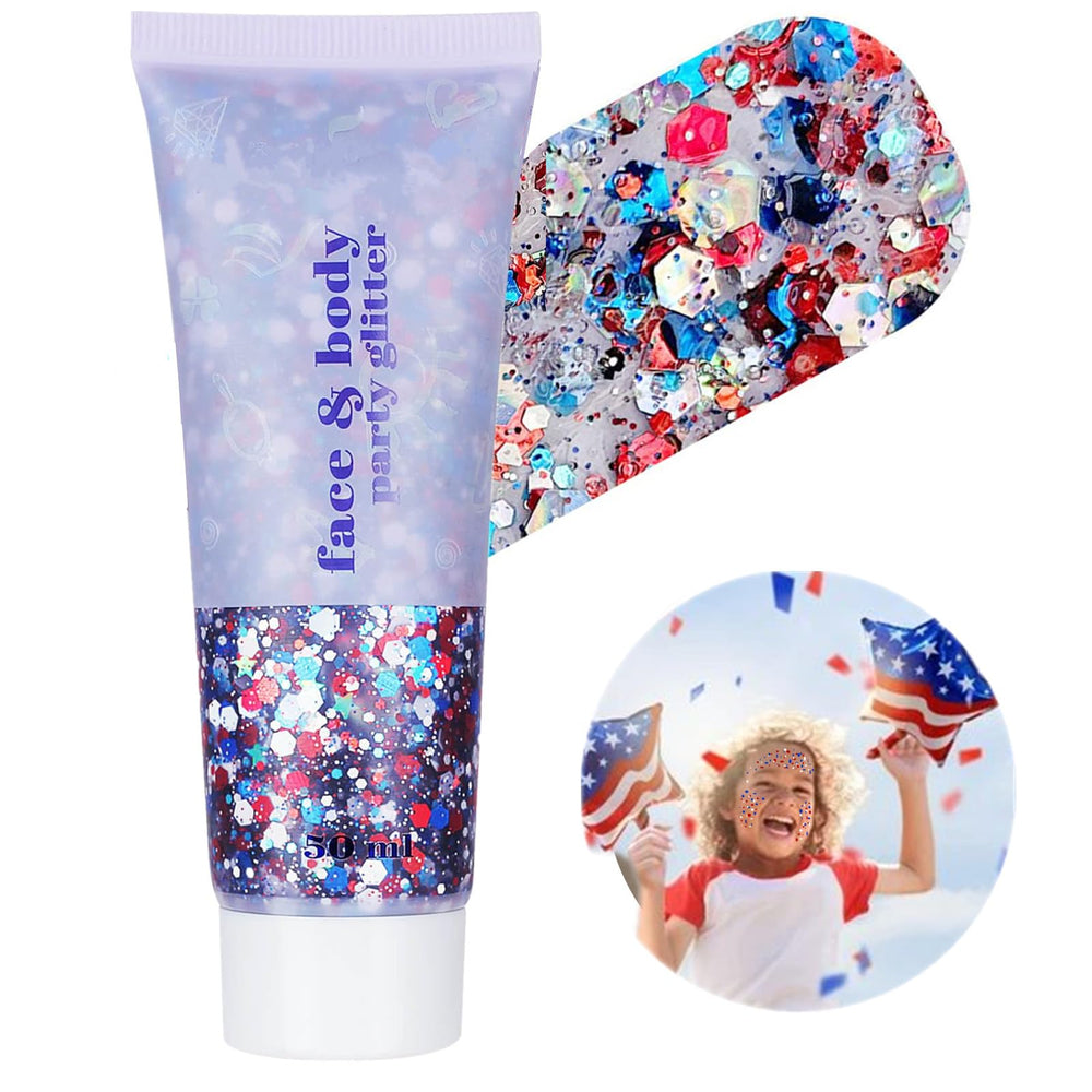 Go Ho red white blue face glitter gel for a bold 4th of July look that lasts
