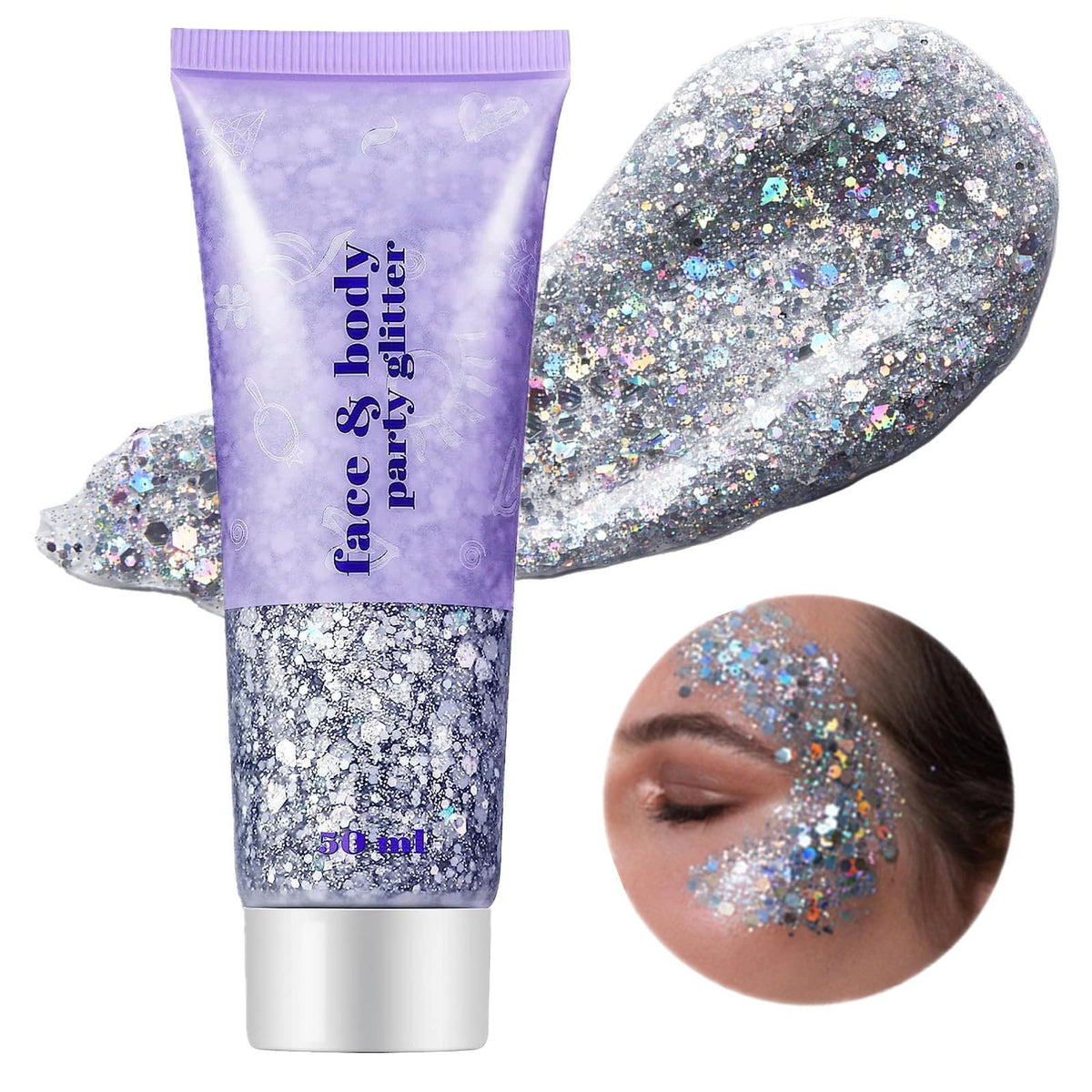 Go Ho Silver Glitter Gel close-up showing holographic sparkle for festival looks.