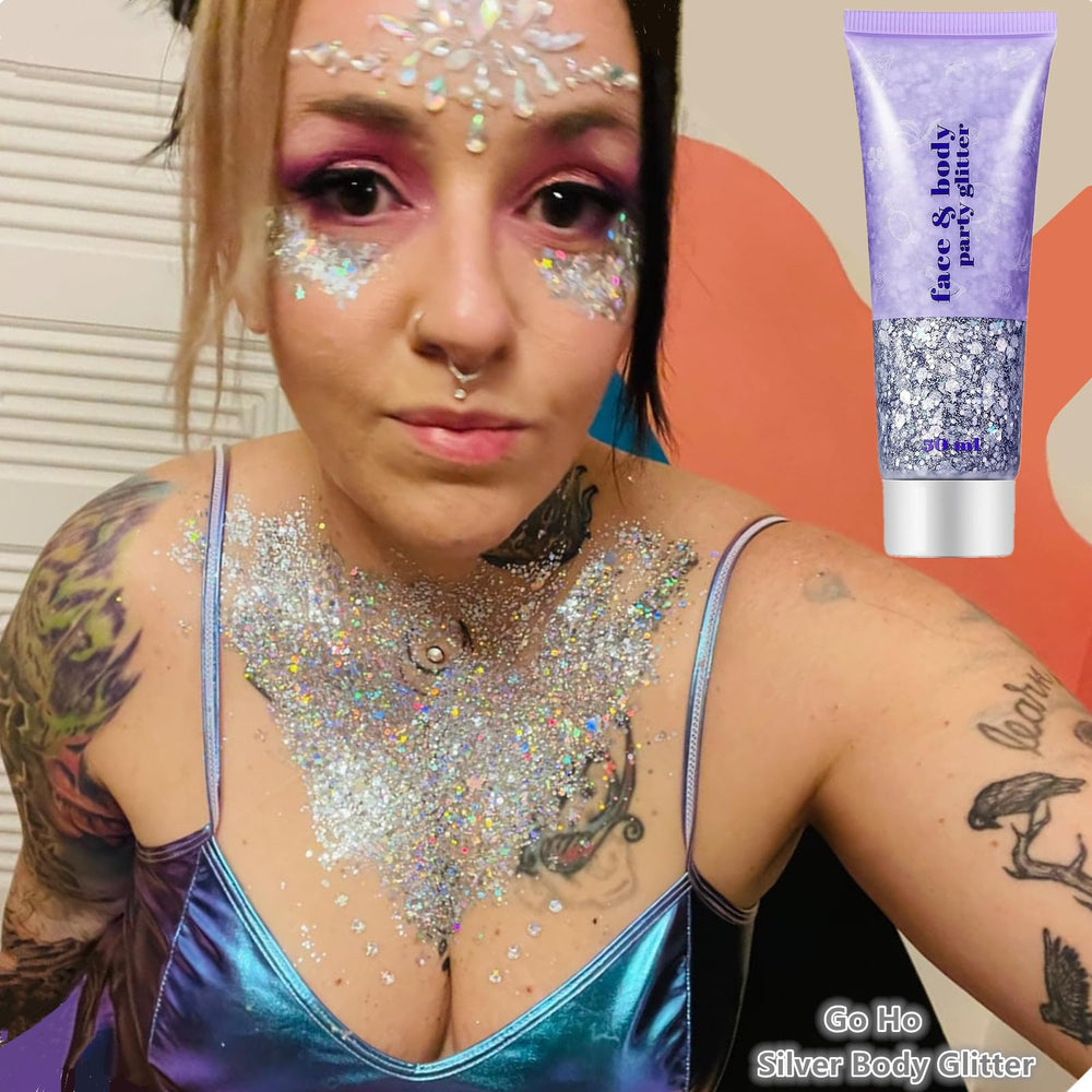Go Ho Silver glitter body shimmer for all-over glow.