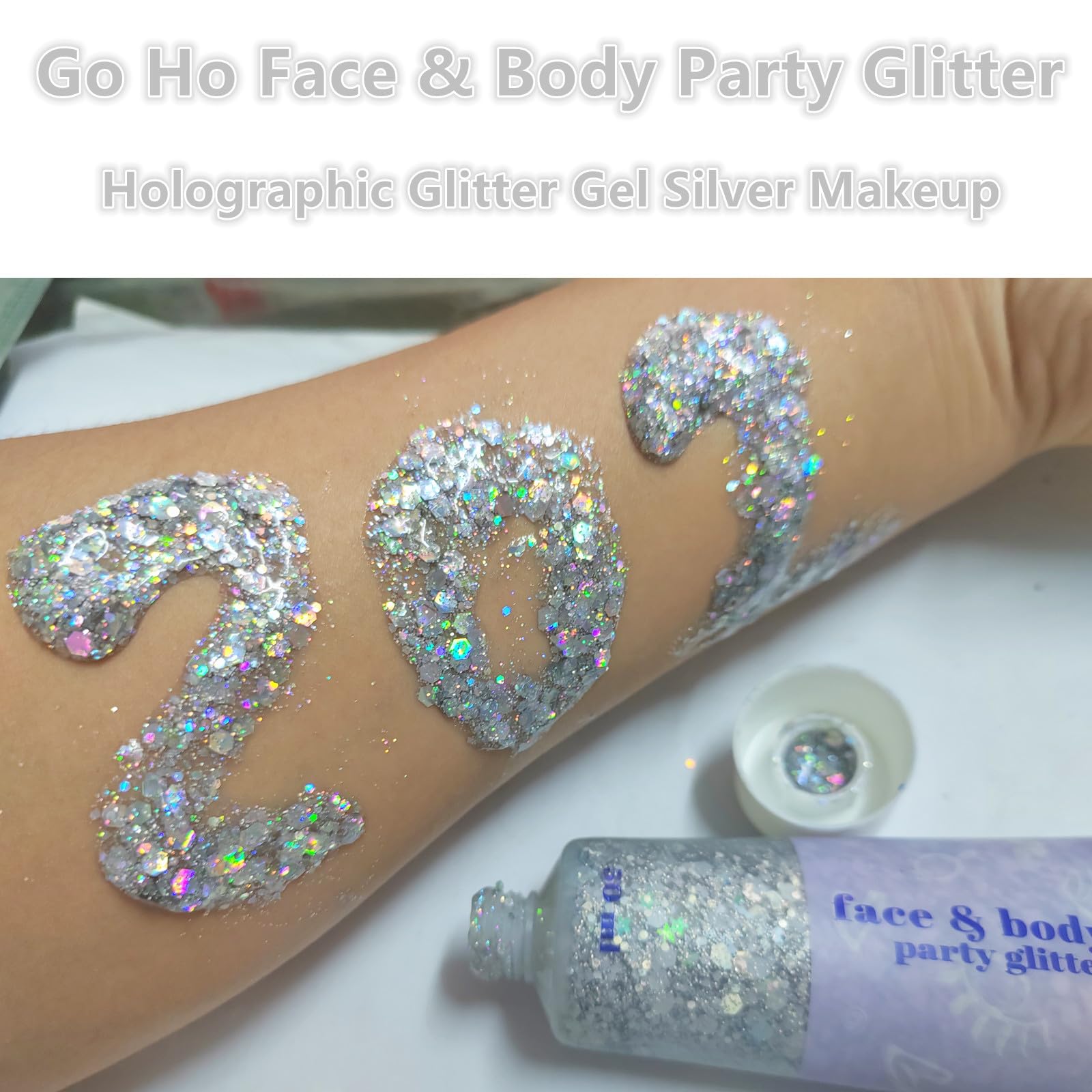 Go Ho Silver glitter on the face for a festival-ready glow.