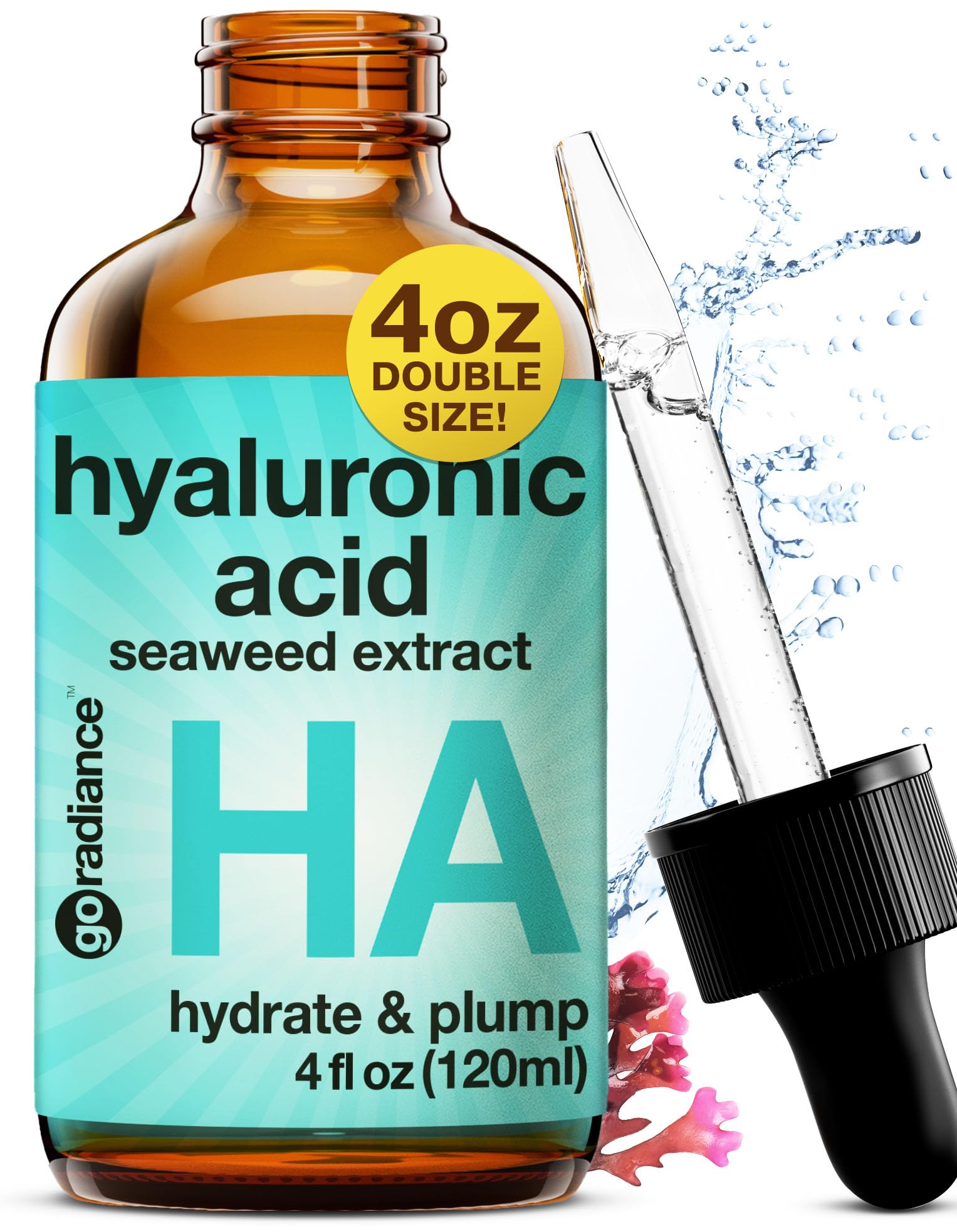 Go Radiance serum ácido hialurónico, vertido de la botella, hidratación intensa para la piel.