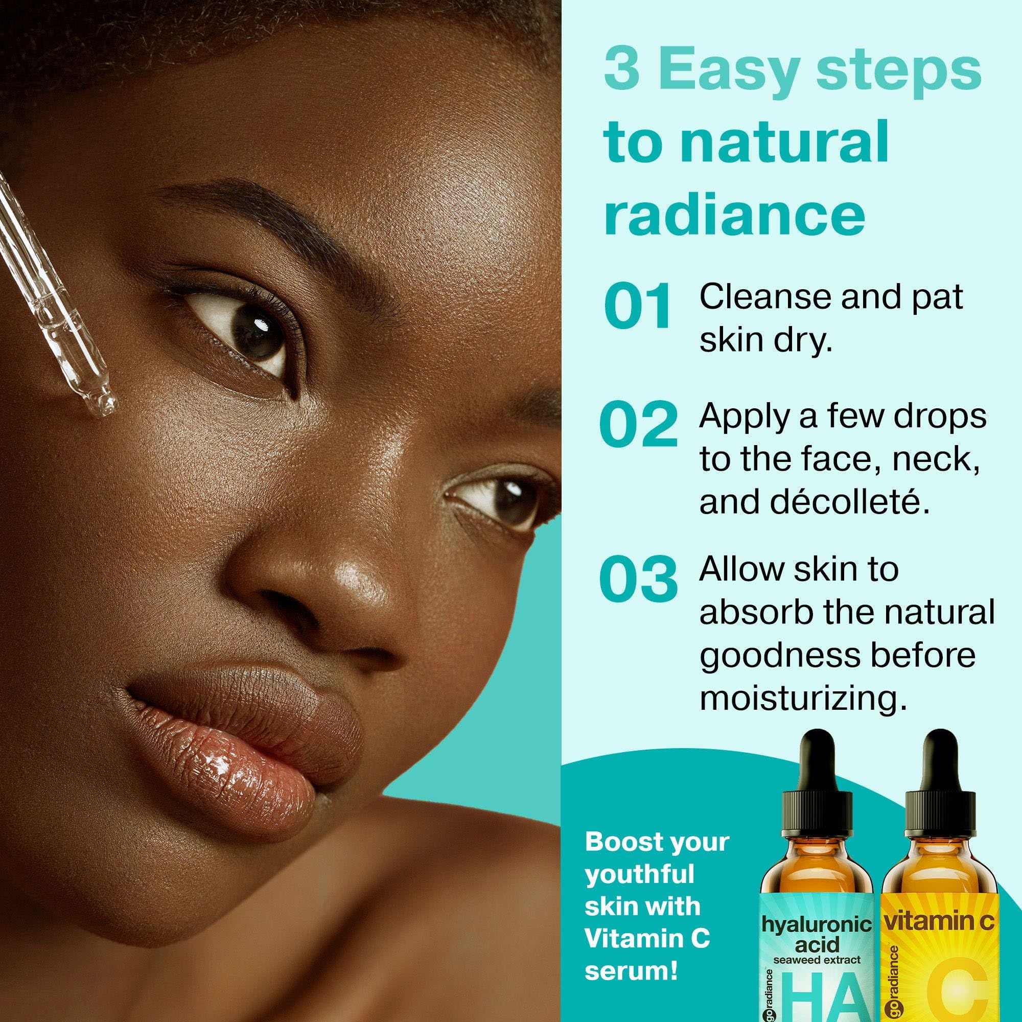 Go Radiance serum fabricado en EEUU, alta calidad y pureza para el cuidado facial.