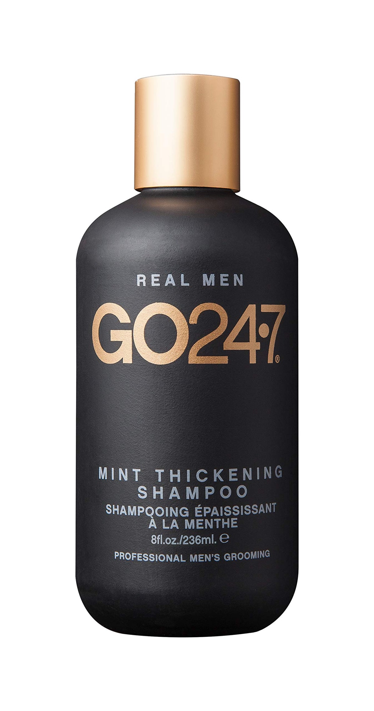 GO247 champu espesante de menta: botella lista para uso diario con sensacion refrescante.