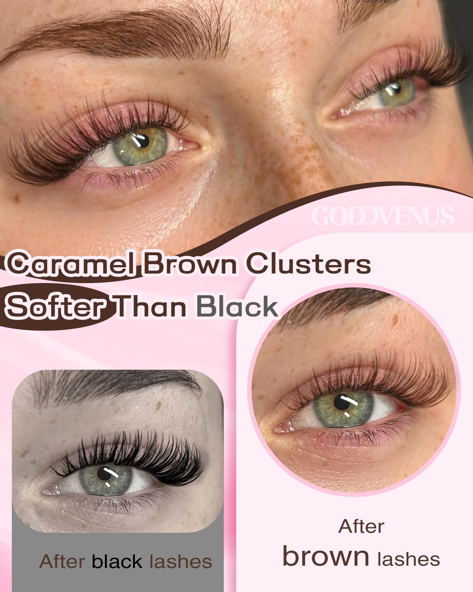 Goddvenus brown lash clusters with natural texture for wispy, skin-friendly definition.