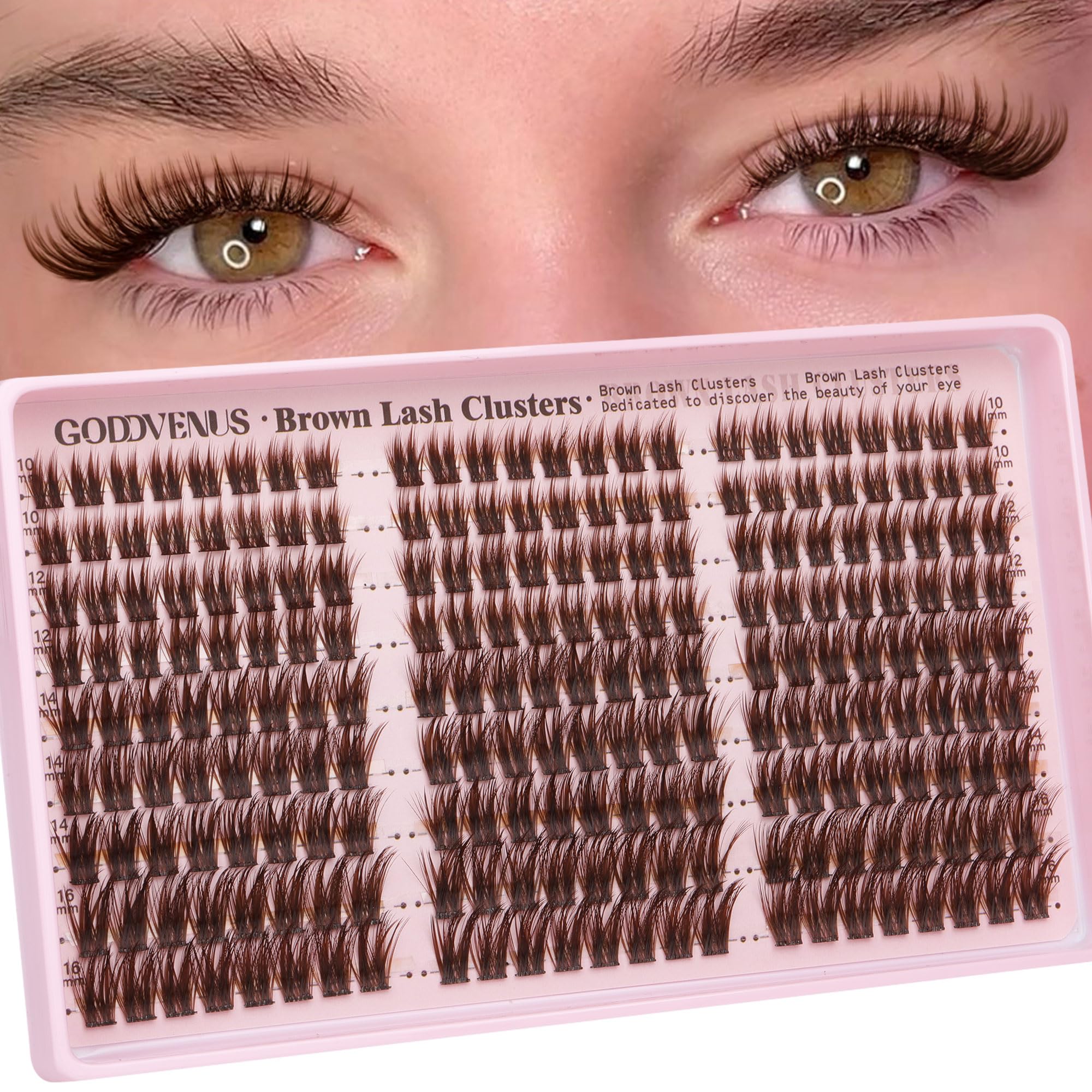 Goddvenus brown wispy lash clusters close-up for natural seamless blend.