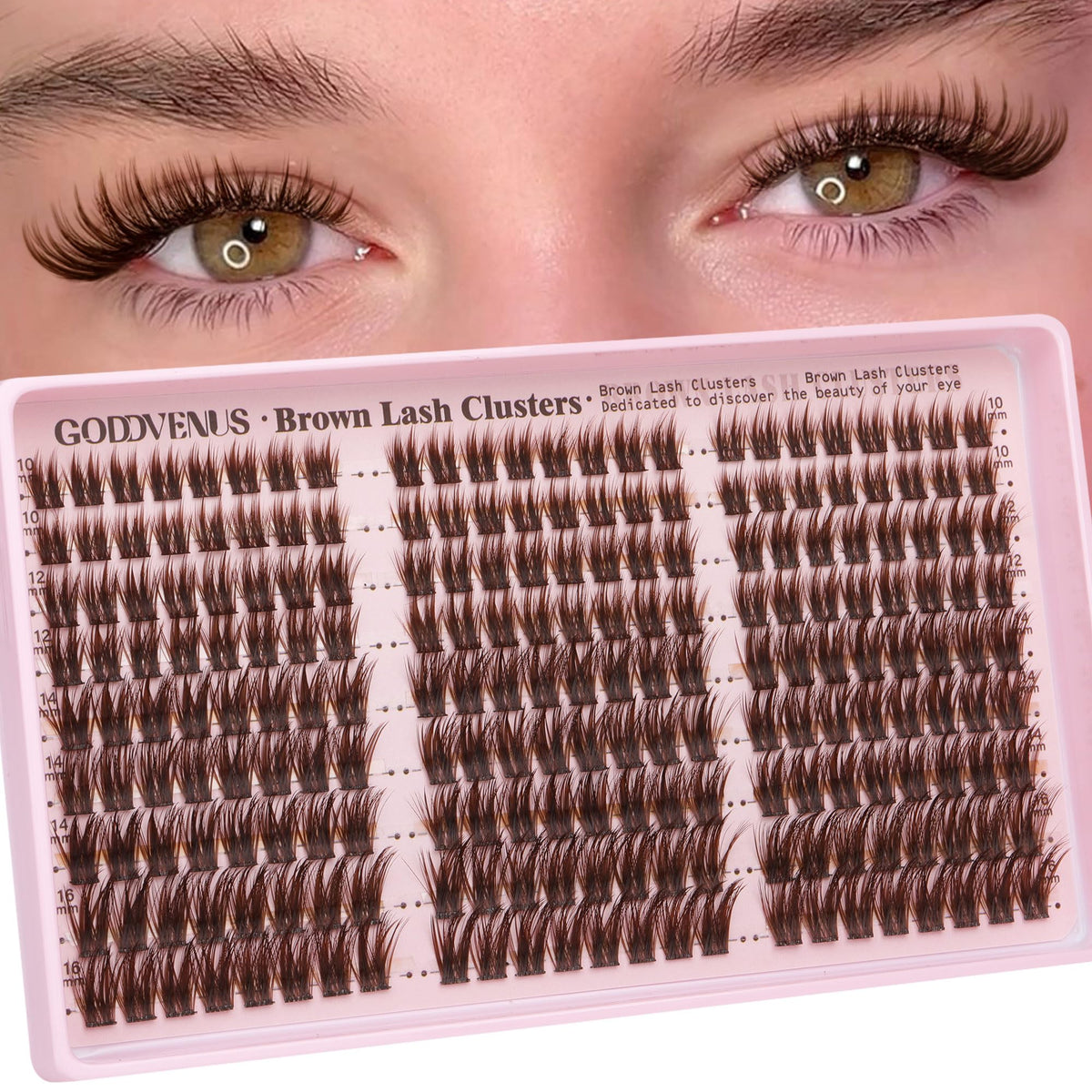 Goddvenus brown wispy lash clusters close-up for natural seamless blend.