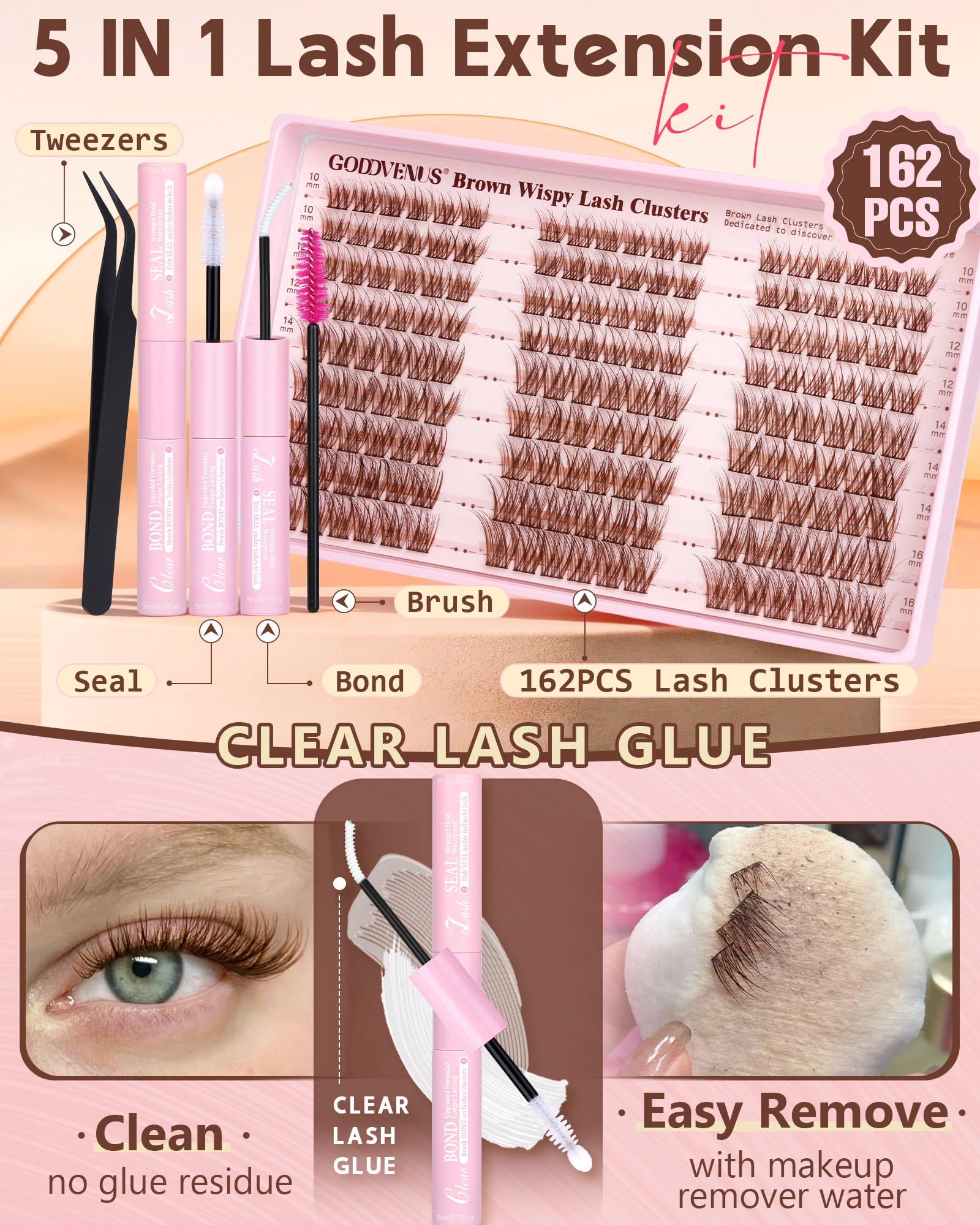 Goddvenus brown lash clusters kit clear bond for invisible adhesion.