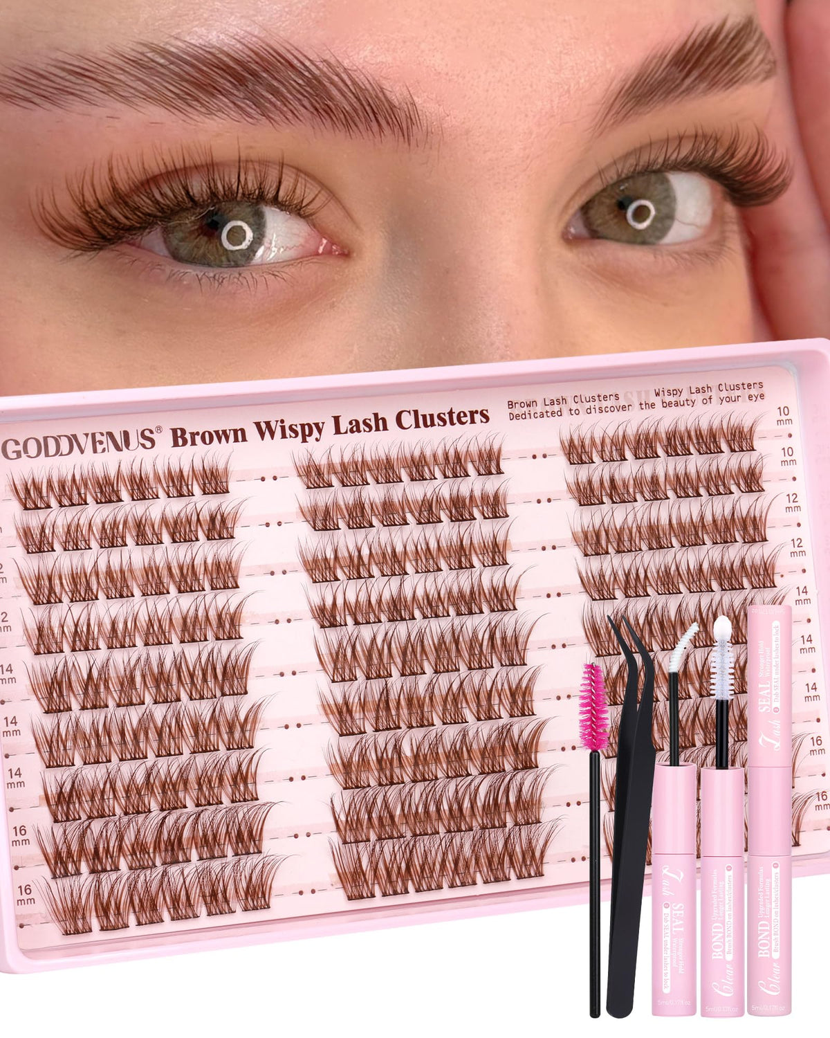 Goddvenus brown wispy lash clusters kit main set for natural-looking DIY lashes.