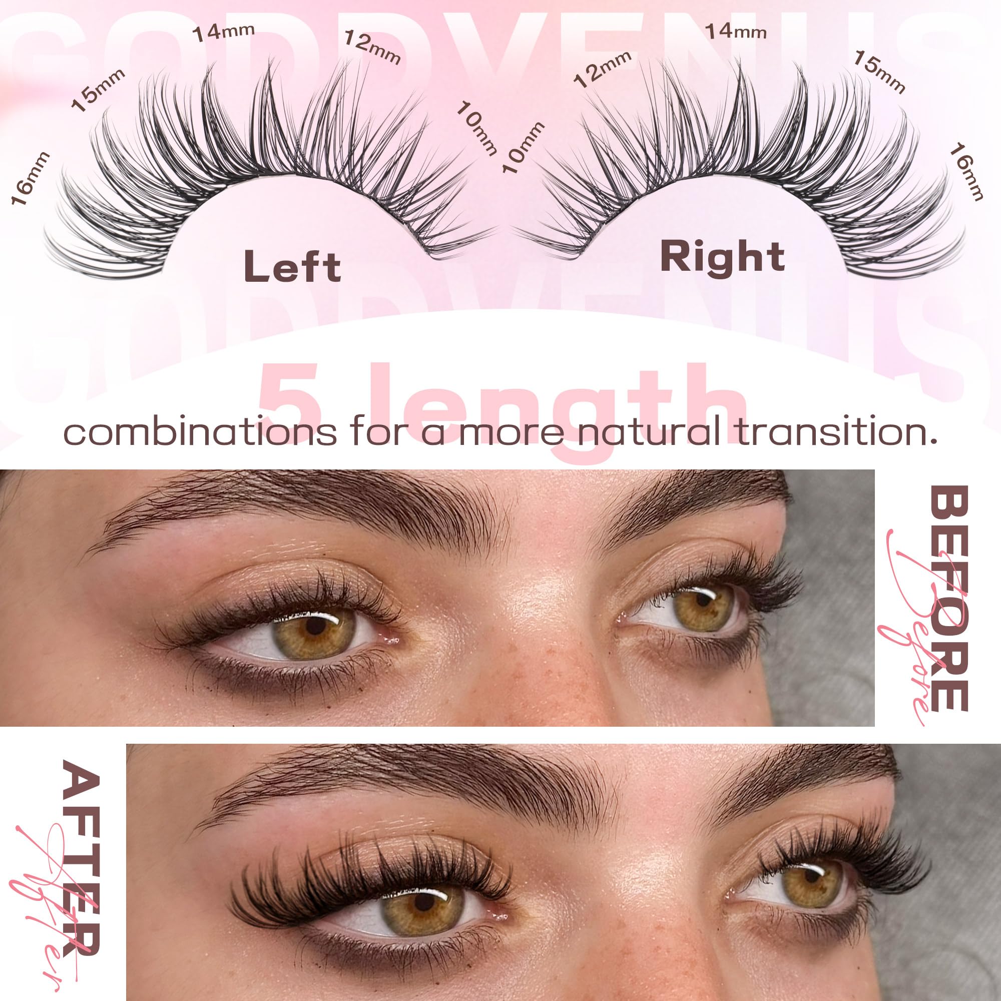 Goddvenus C Curl wispy clusters in 10-16mm blend naturally with lashes