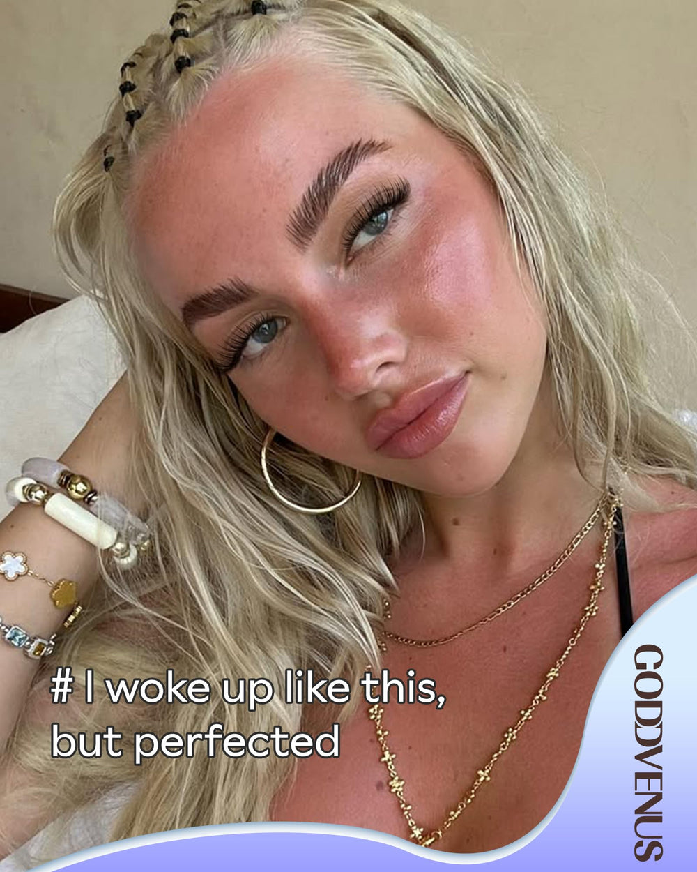 Goddvenus cluster lashes under-eye placement showing discreet, lightweight wear.