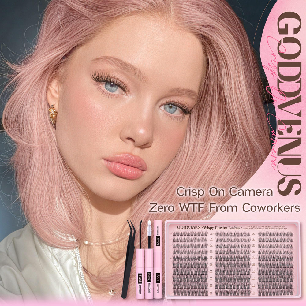 Goddvenus c-curl lash clusters closeup highlights curl flexibility for varied looks.