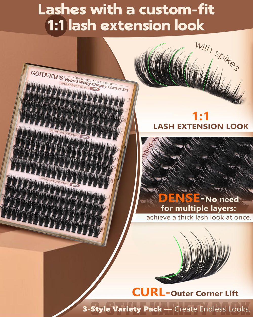 Goddvenus D-curl fluffy lash clusters deliver instant outer corner lift.