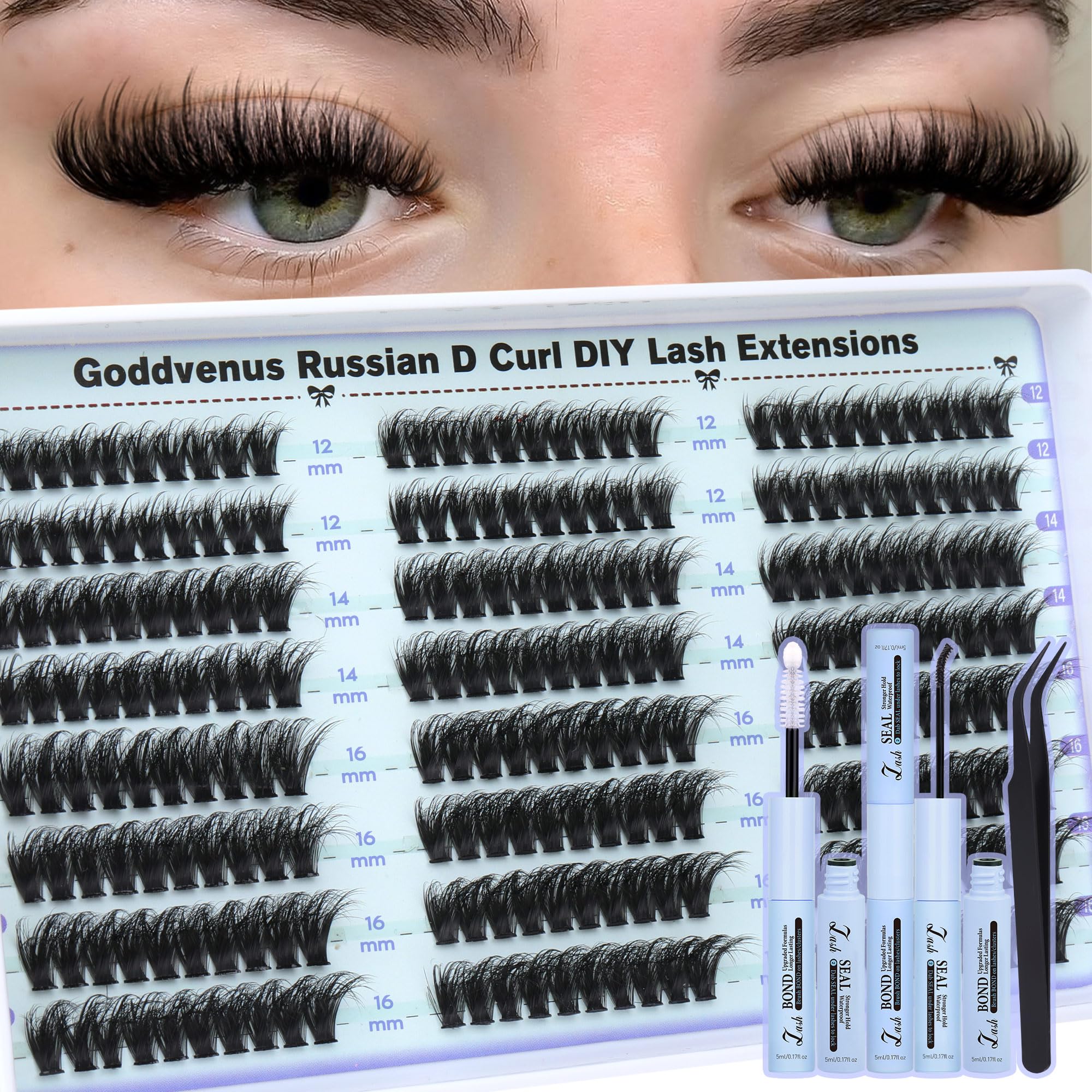 Goddvenus lash clusters kit with varied 12mm, 14mm, and 16mm lengths for versatility