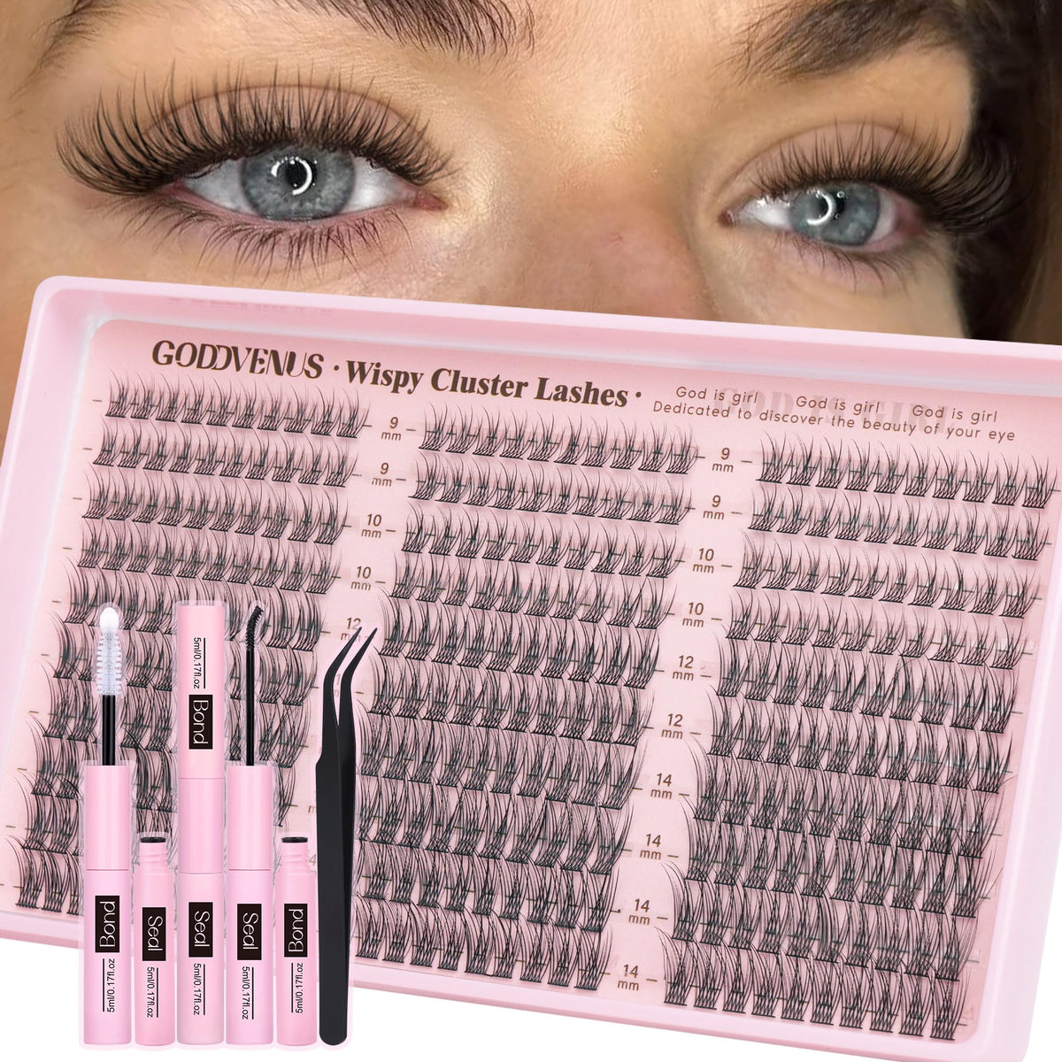 Goddvenus lash clusters kit 9-14mm wispy closeup for natural flutter and easy daily wear.