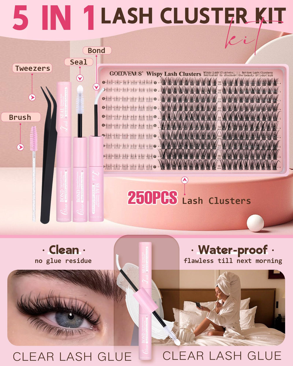 Goddvenus lash clusters kit close-up showing wispy design for natural flutter