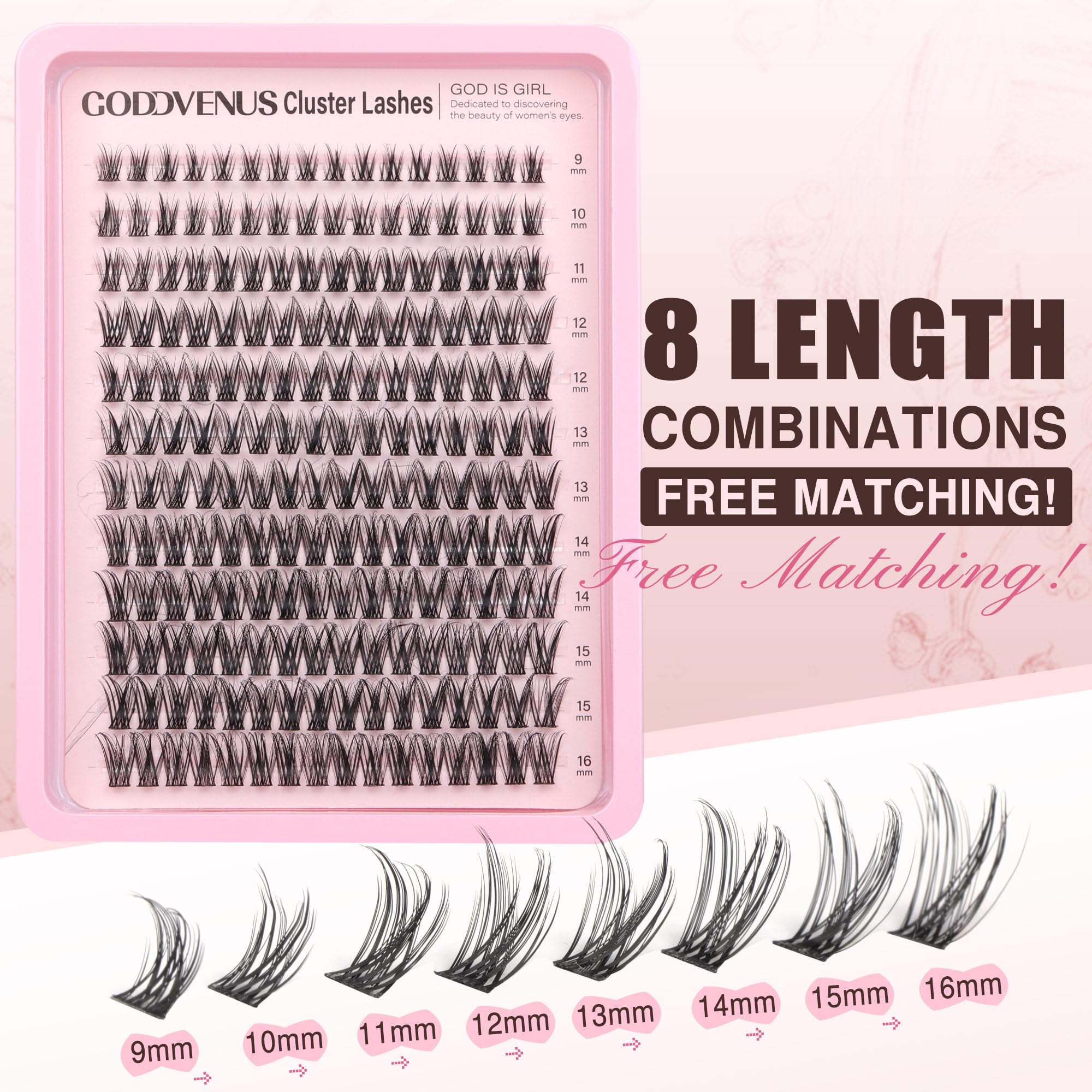 Length samples 9-16mm from Goddvenus Lash Clusters for versatile eye shapes