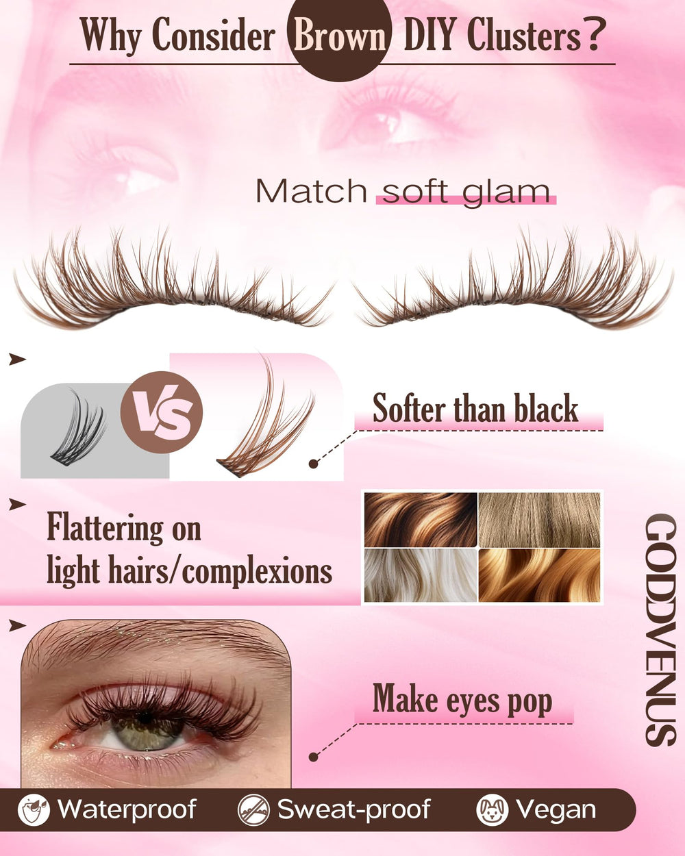 Goddvenus waterproof brown lash clusters stay secure during workouts and sweat.