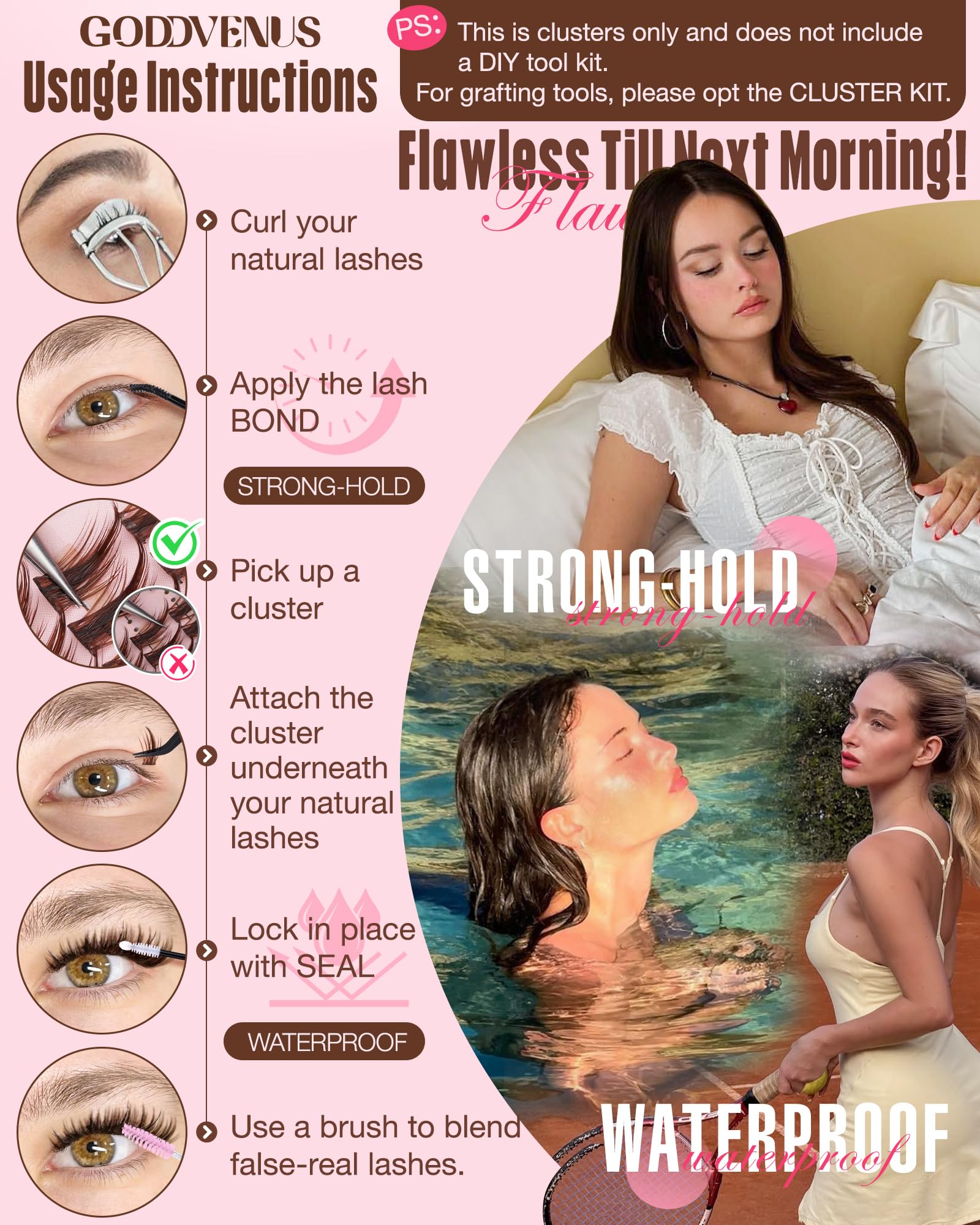 Goddvenus natural-looking fringe lash clusters for quick eye-opening enhancement.